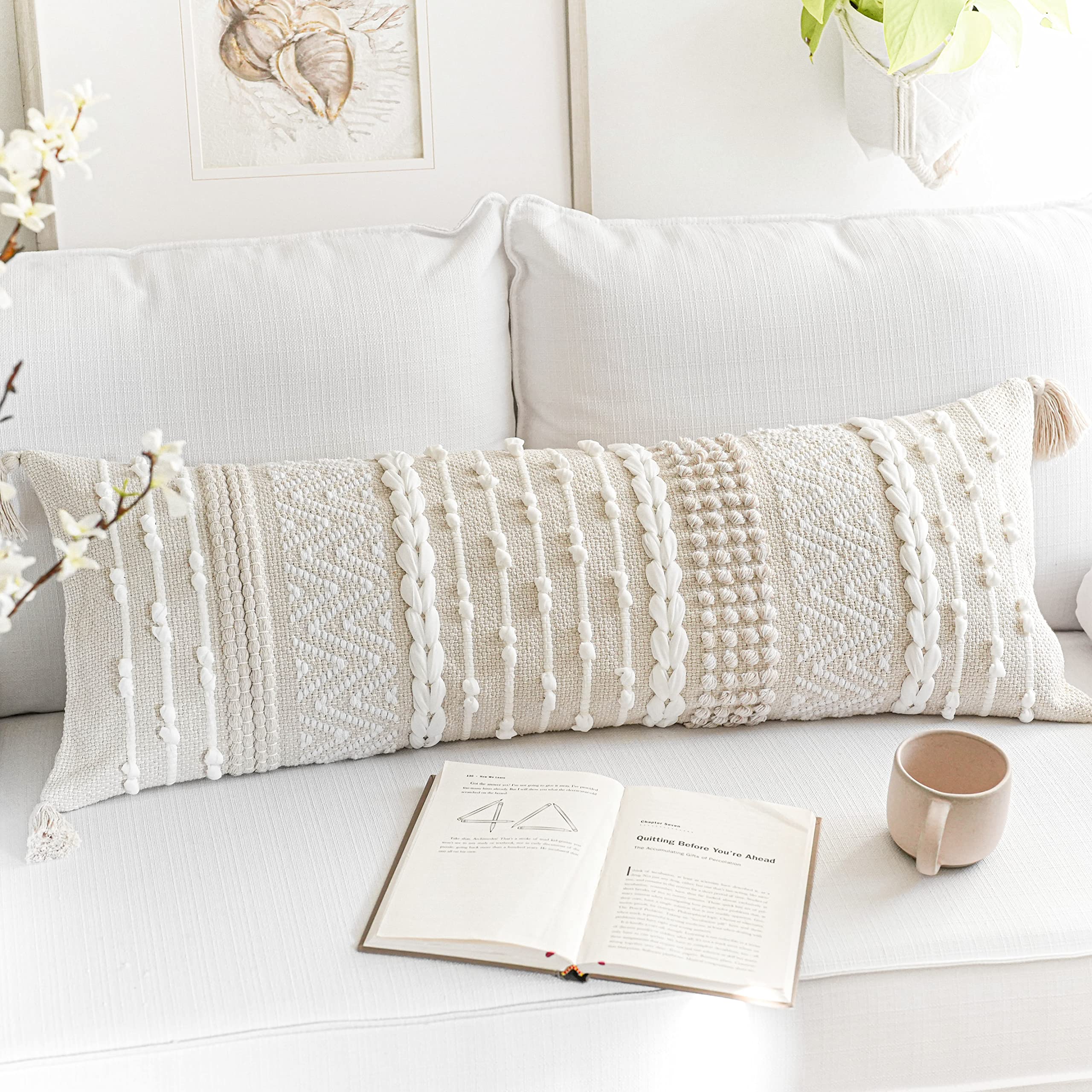 BlissBlush Cream White Boho Throw Pillow Cover 20X20, Boho Woven Textured Pillow Cover, Neutral Pillow Cover, Sofa Couch Bed Farmhouse Lumbar Pillow (Cover ONLY)