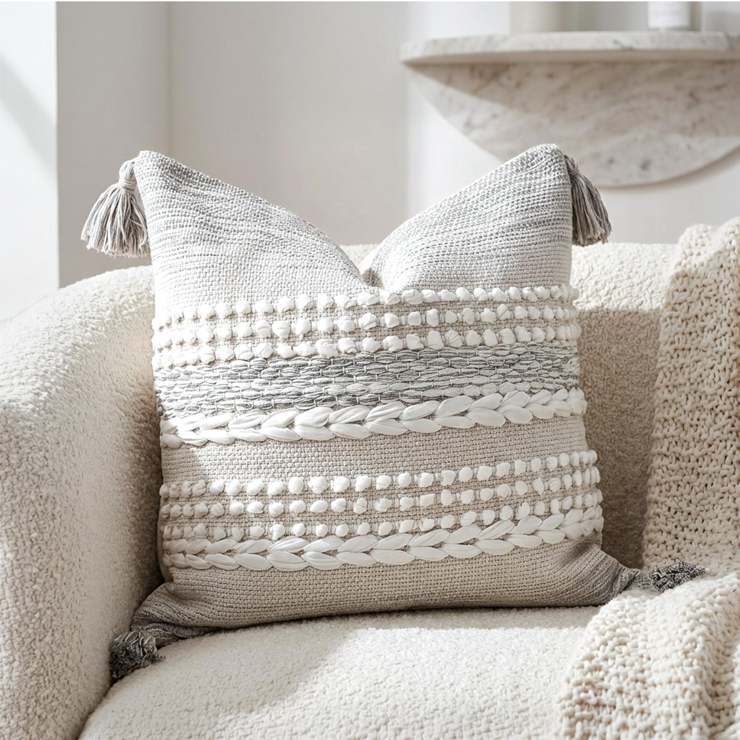 BlissBlush Cream White Boho Throw Pillow Cover 20X20, Boho Woven Textured Pillow Cover, Neutral Pillow Cover, Sofa Couch Bed Farmhouse Lumbar Pillow (Cover ONLY)