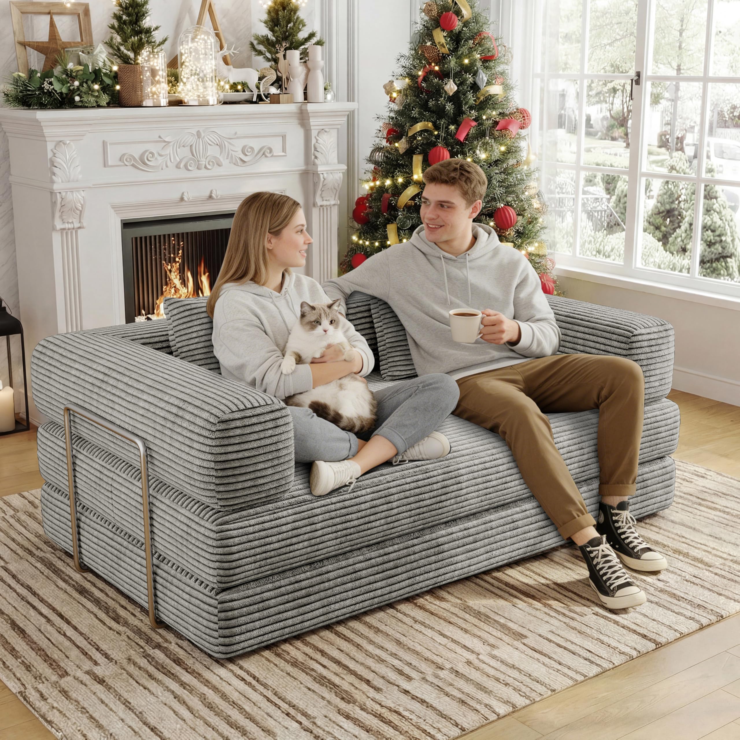 BSHOMGI 4 in 1 Futon Sofa Bed Queen Size - Foldable Convertible Sleeper Sofa Couch, Removable Washable Corduroy Cover, Space Saving Floor for Living Room (Beige, 53.15" Double Sofa)
