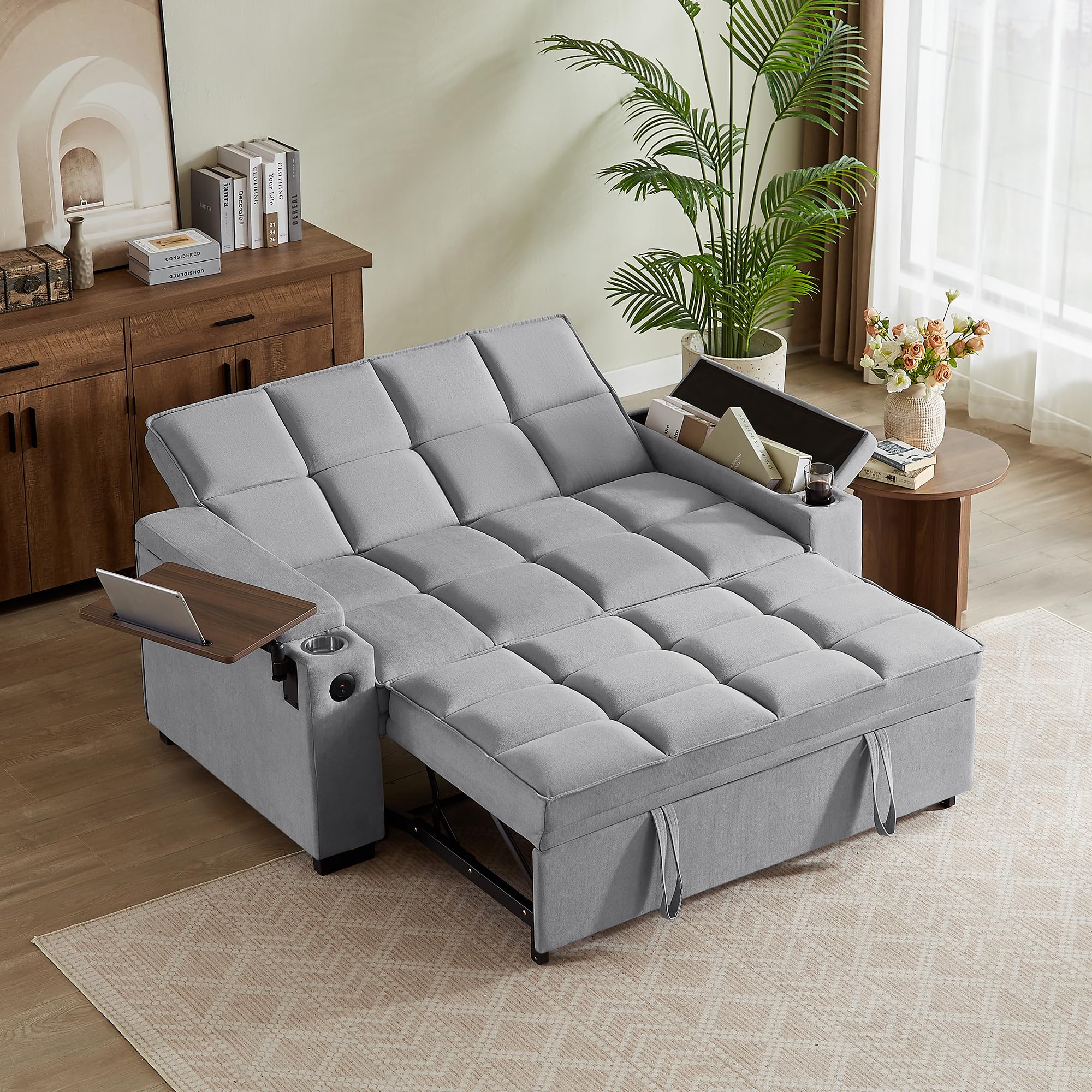 hansones 65'' 3-in-1 Folding Convertible Sofa Bed, Pullout Sofa, Modern Chenille Fabric, 360° Swivel Side Table, Easy Assembly, Perfect for Living Room, Black
