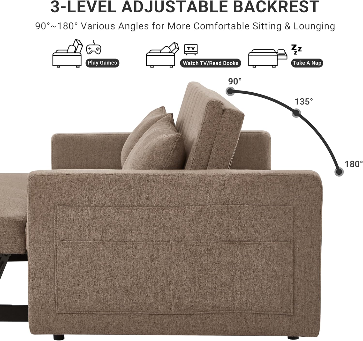 55.5" Fabric Convertible Sofa Bed, Pull Out Sleeper Sofa Bed, Loveseat Couch with Side Pocket, 3 in 1 Convertible Sleeper Sofa Bed for Living Room, Apartment, Bedroom, RV, Brown