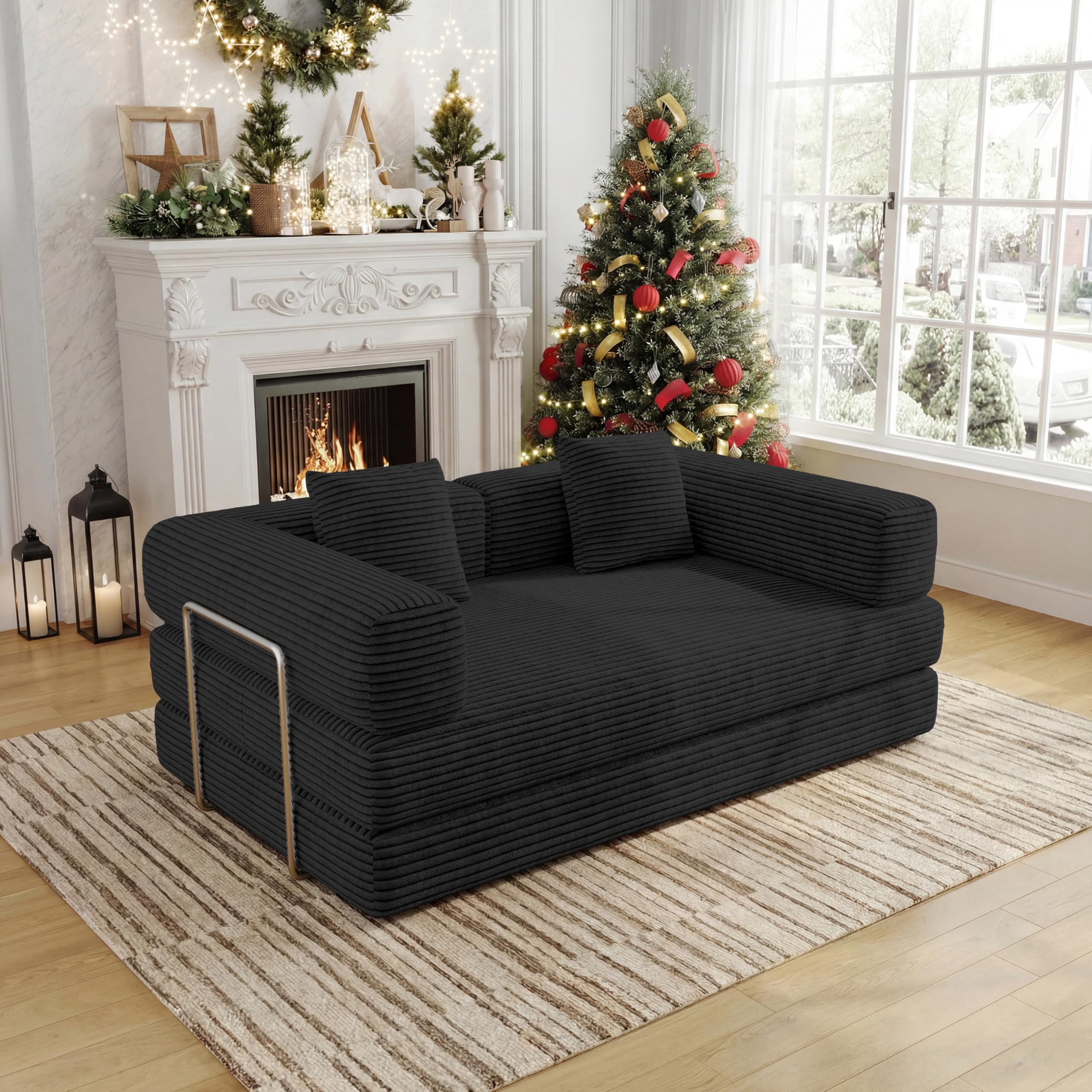 59" 2-Seat Beige Teddy Fabric 4-in-1 Foldable Queen Size Foam Compressed Convertible Sofa Bed