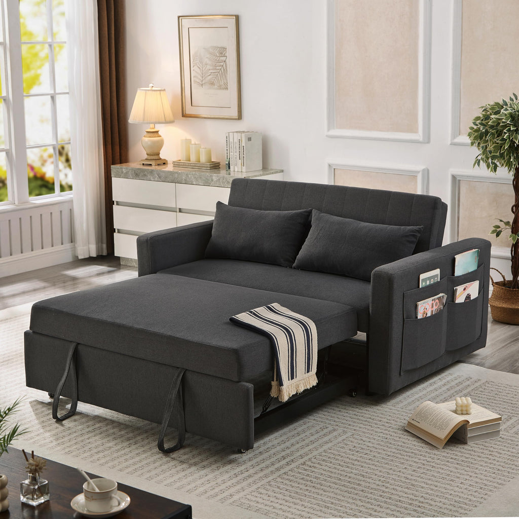55.5" Fabric Convertible Sofa Bed, Pull Out Sleeper Sofa Bed, Loveseat Couch with Side Pocket, 3 in 1 Convertible Sleeper Sofa Bed for Living Room, Apartment, Bedroom, RV, Brown