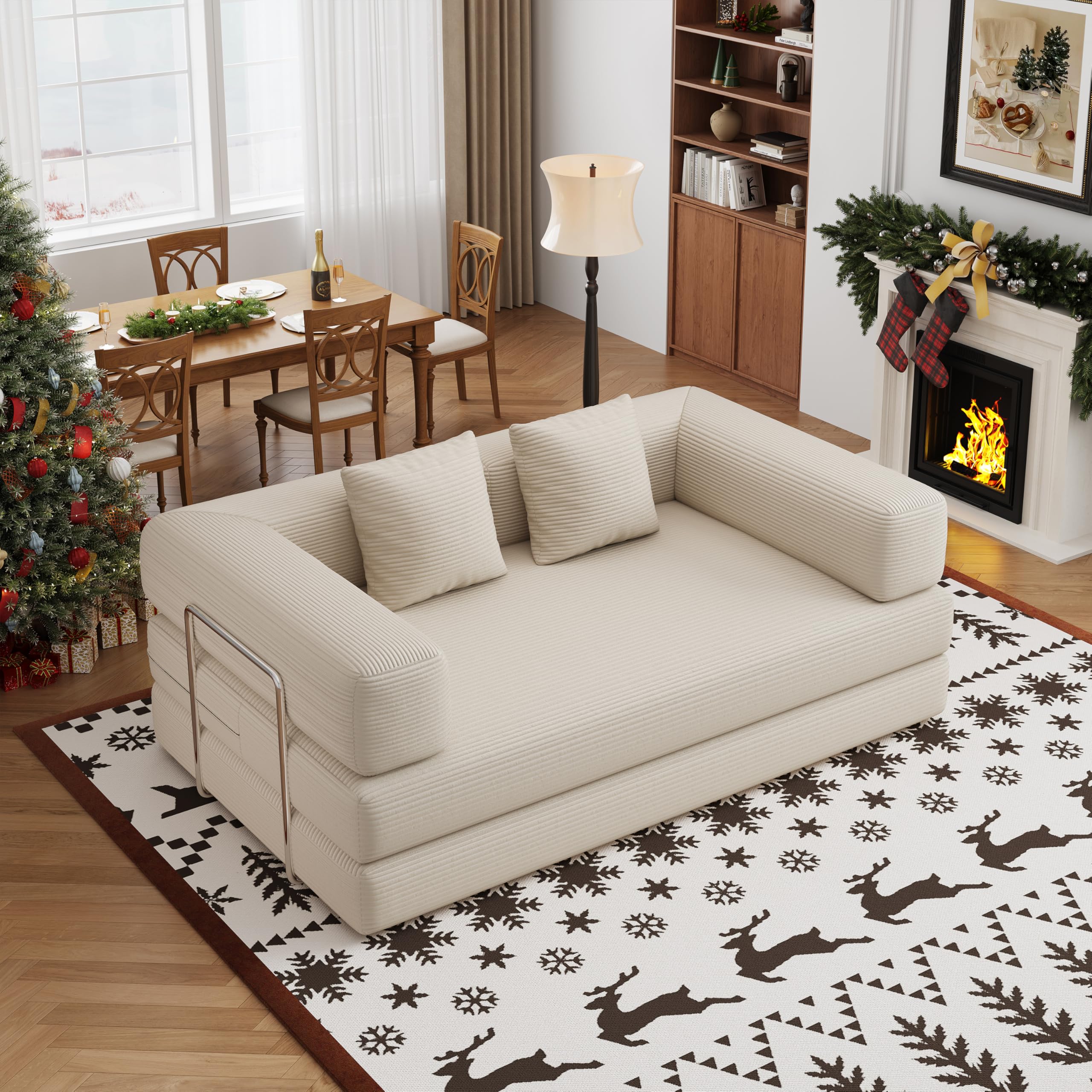 BSHOMGI 4 in 1 Futon Sofa Bed Queen Size - Foldable Convertible Sleeper Sofa Couch, Removable Washable Corduroy Cover, Space Saving Floor for Living Room (Beige, 53.15" Double Sofa)