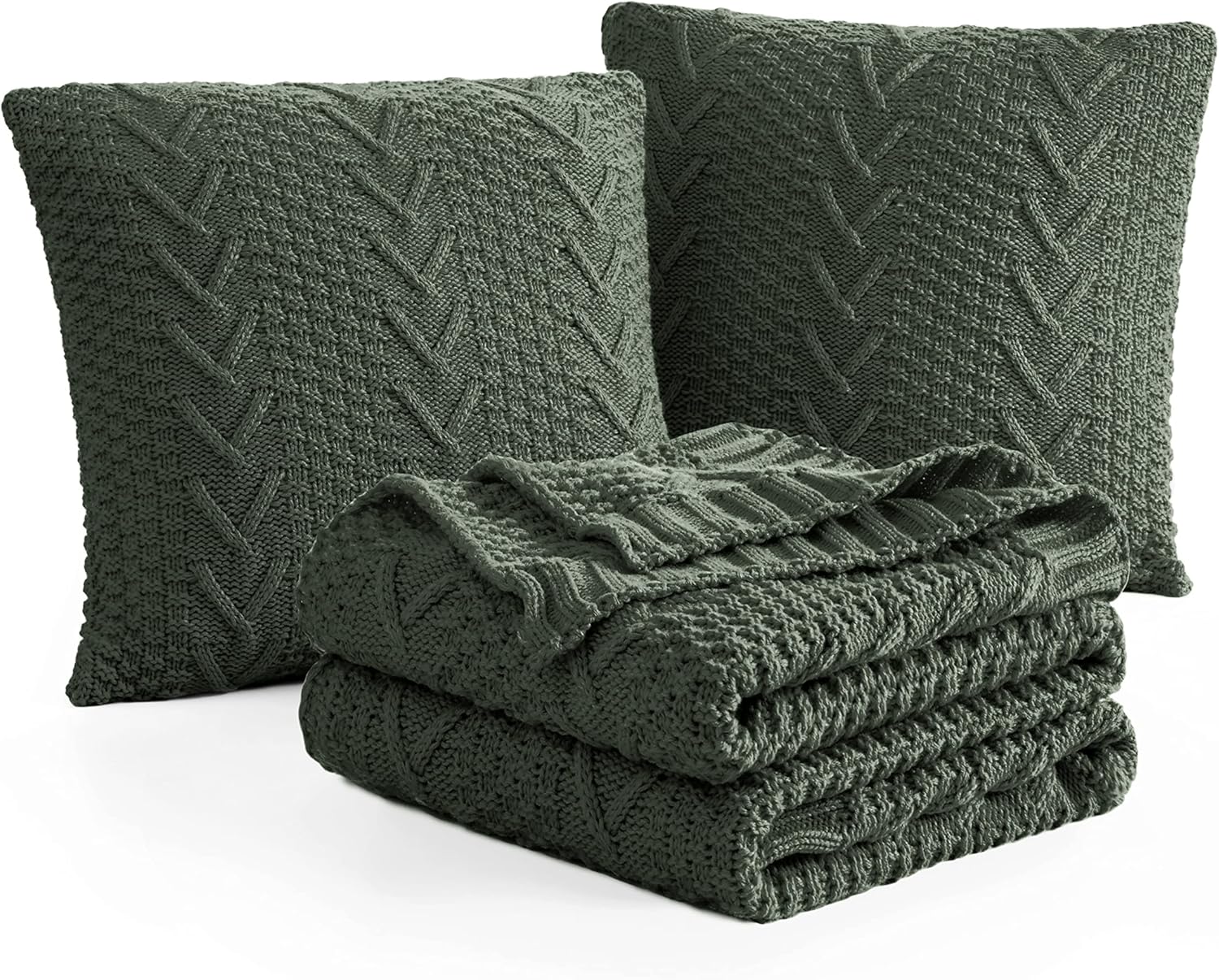 Aormenzy Knitted Throw Blanket (50" x 60") and 2 Pillow Covers (18" x 18"), 3 Piece Grayish Green Throw Blanket Set, Decorative Throw Blankets for Couch Sofa Bed Living Room