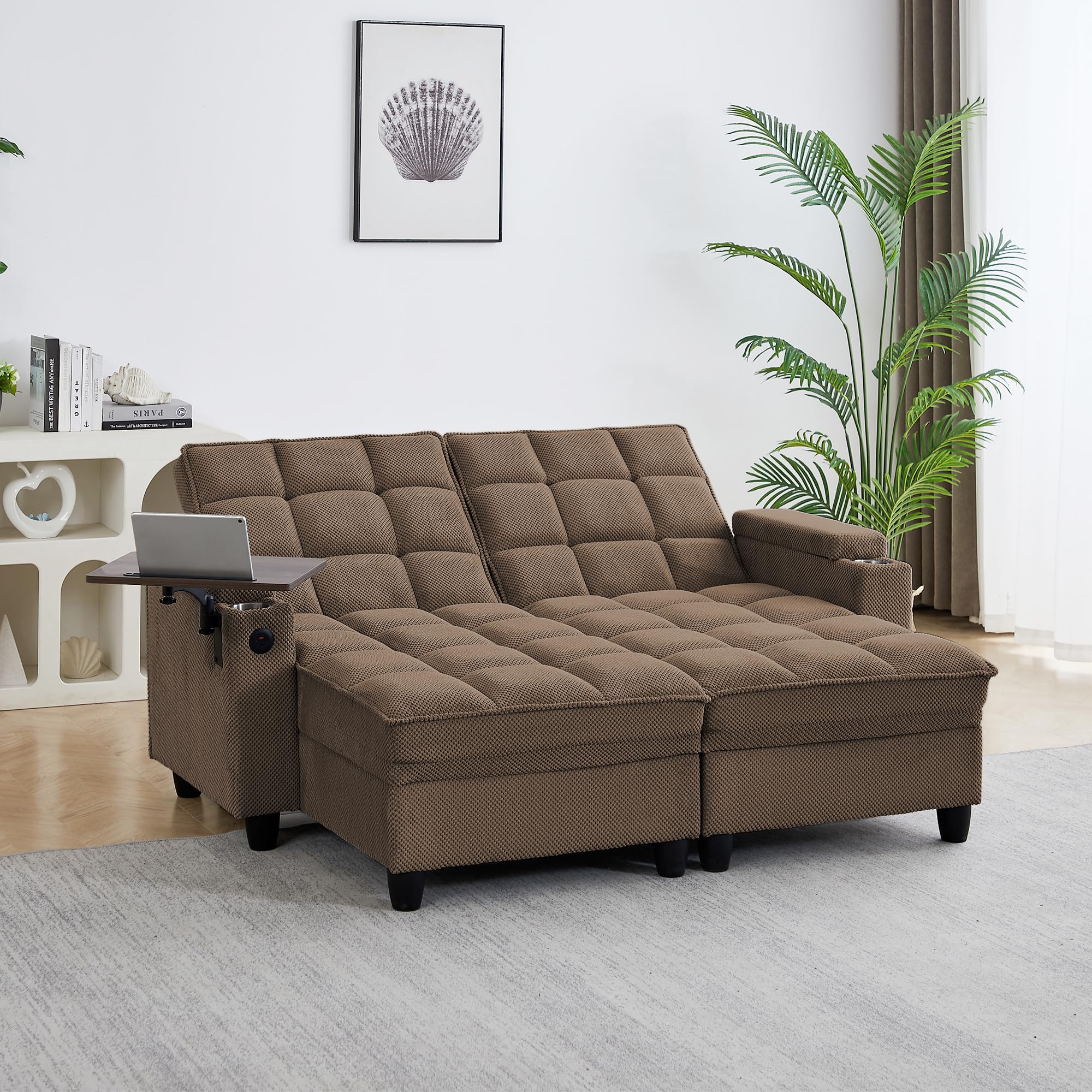 hansones 65'' 3-in-1 Folding Convertible Sofa Bed, Pullout Sofa, Modern Chenille Fabric, 360° Swivel Side Table, Easy Assembly, Perfect for Living Room, Black