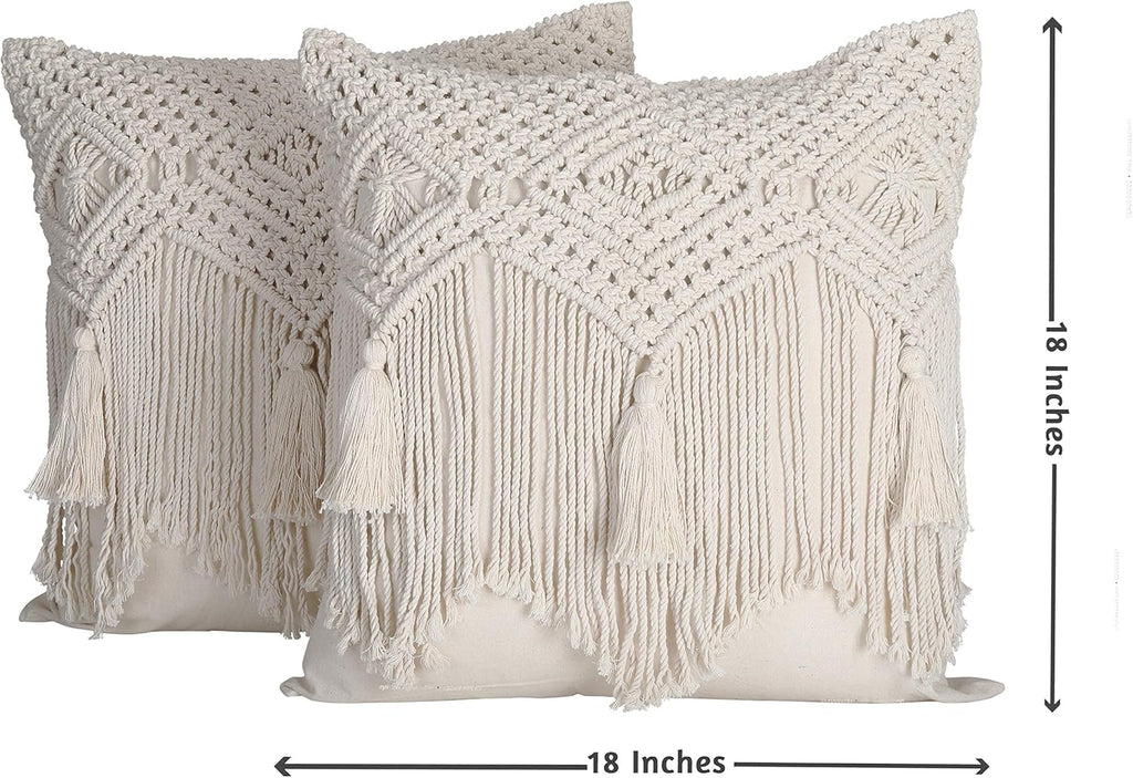 Folkulture Boho Throw Pillow Covers 18X18, Macrame Decorative Pillow Covers, Modern Farmhouse Bohemian Pillowcases for Bed, Couch or Sofa, Set of 2 Farmhouse Pillow Covers with Tassels, Natural White