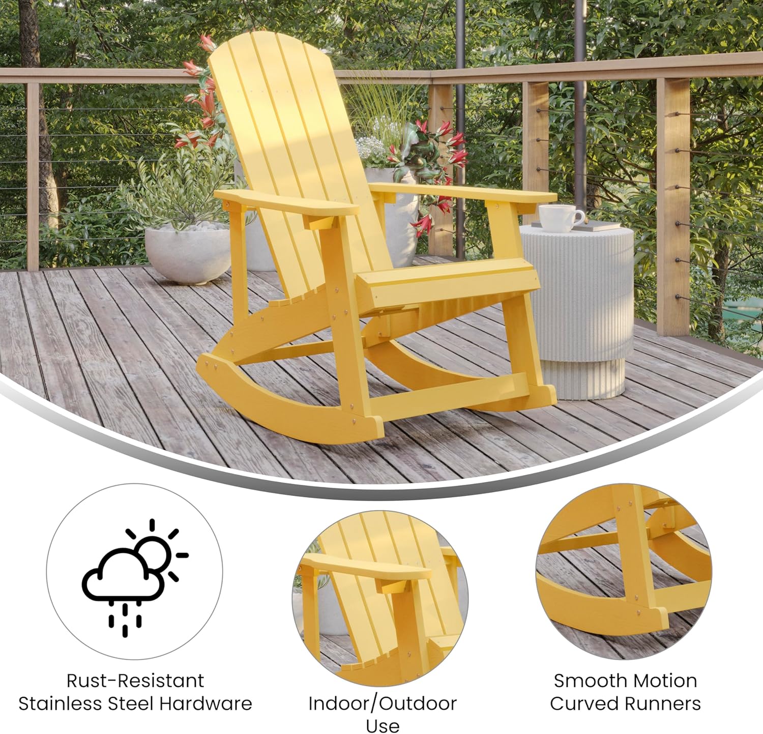 EMMA + OLIVER Savannah Poly Resin Wood Adirondack Rocking Chair - All Weather Yellow Polystyrene - Stainless Steel Hardware