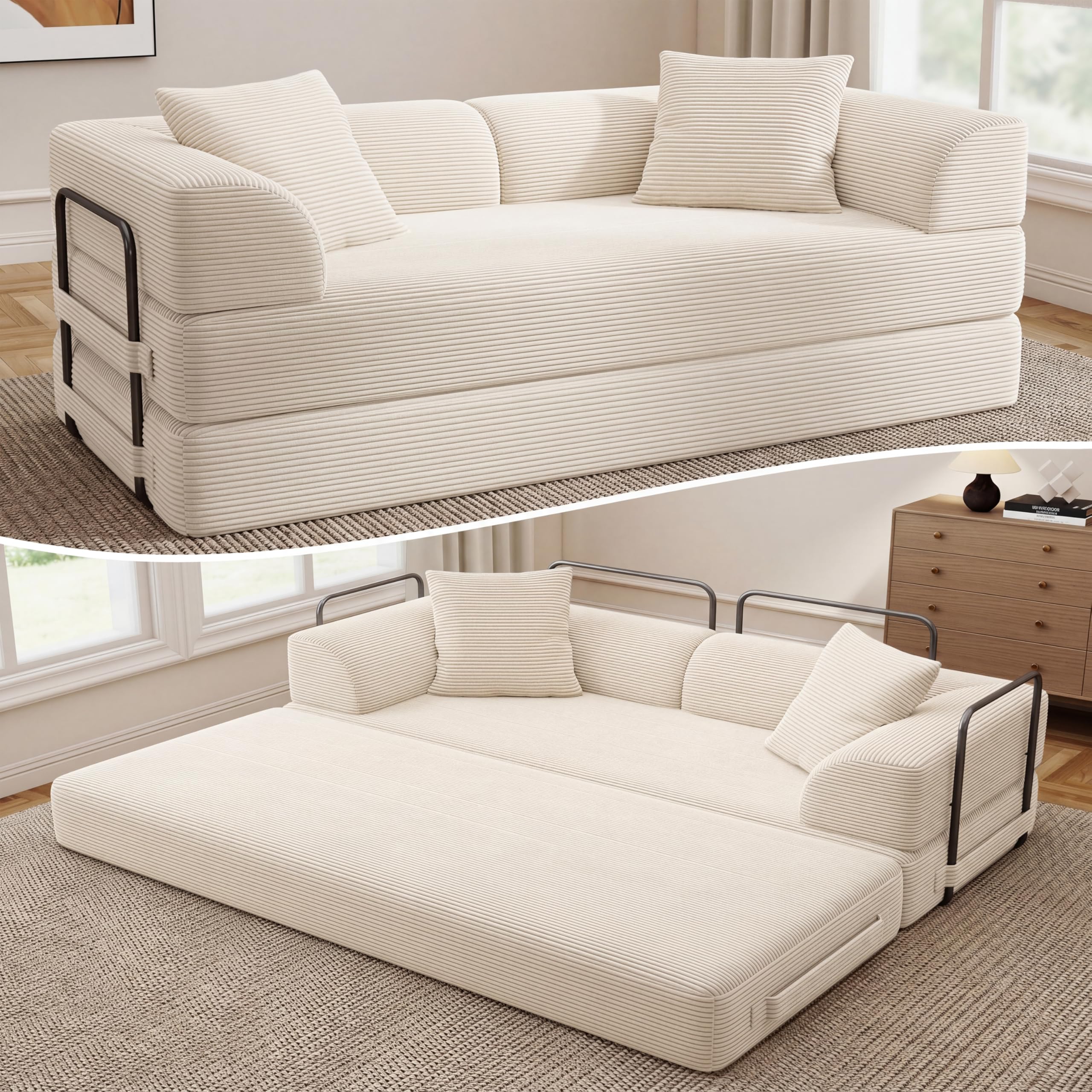 Cloud Boneless Couch Futon Sofa Bed, 5-in-1 Convertible Sofa Bed Pull Out Couch Sleeper Sofa Compressed Loveseat, 70" High-Density Sponge & Corduroy Fabric Futon Daybed for Living Room Bedroom (Gray) | 5-in-1 Convertible