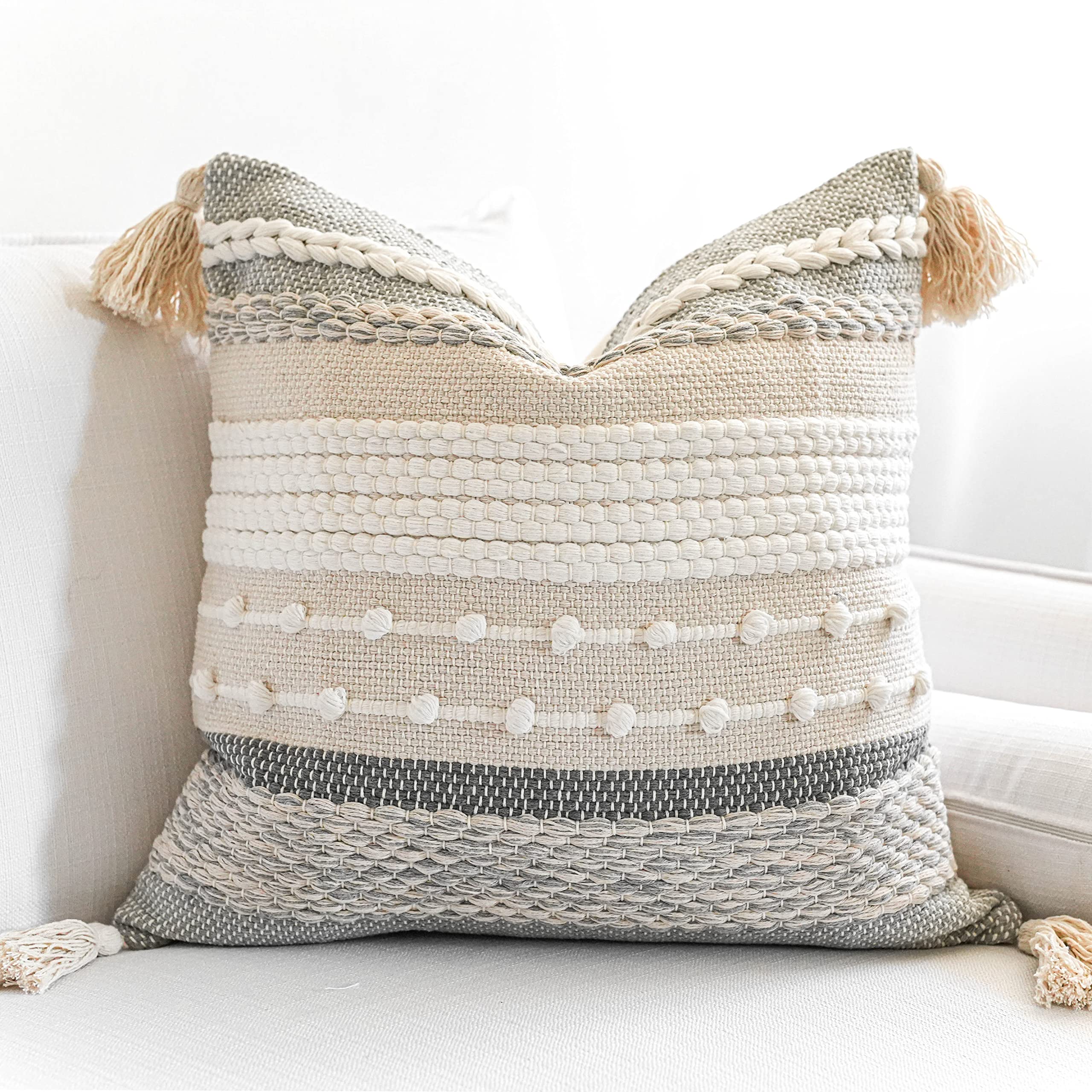 BlissBlush Coastal Blue Boho Decorative Throw Pillow Cover 18x18 Modern Bohemian Accent Pillow Case Square Woven Textured Farmhouse Pillows for Couch Bed (Pack of 1)