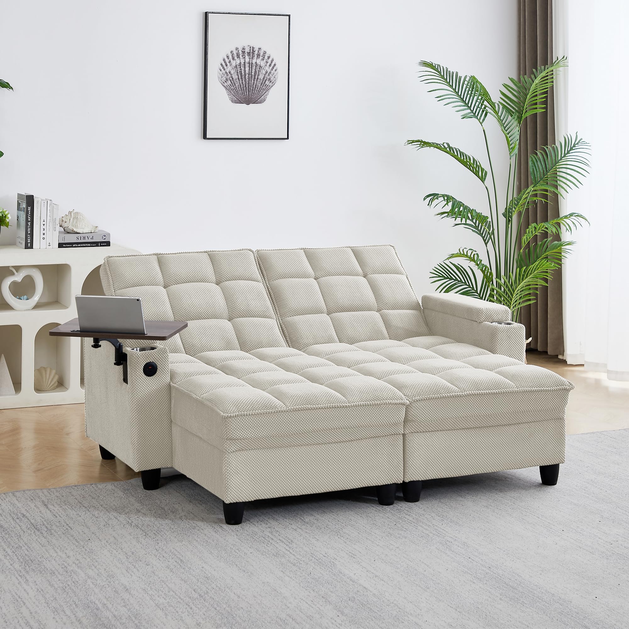 hansones 65'' 3-in-1 Folding Convertible Sofa Bed, Pullout Sofa, Modern Chenille Fabric, 360° Swivel Side Table, Easy Assembly, Perfect for Living Room, Black