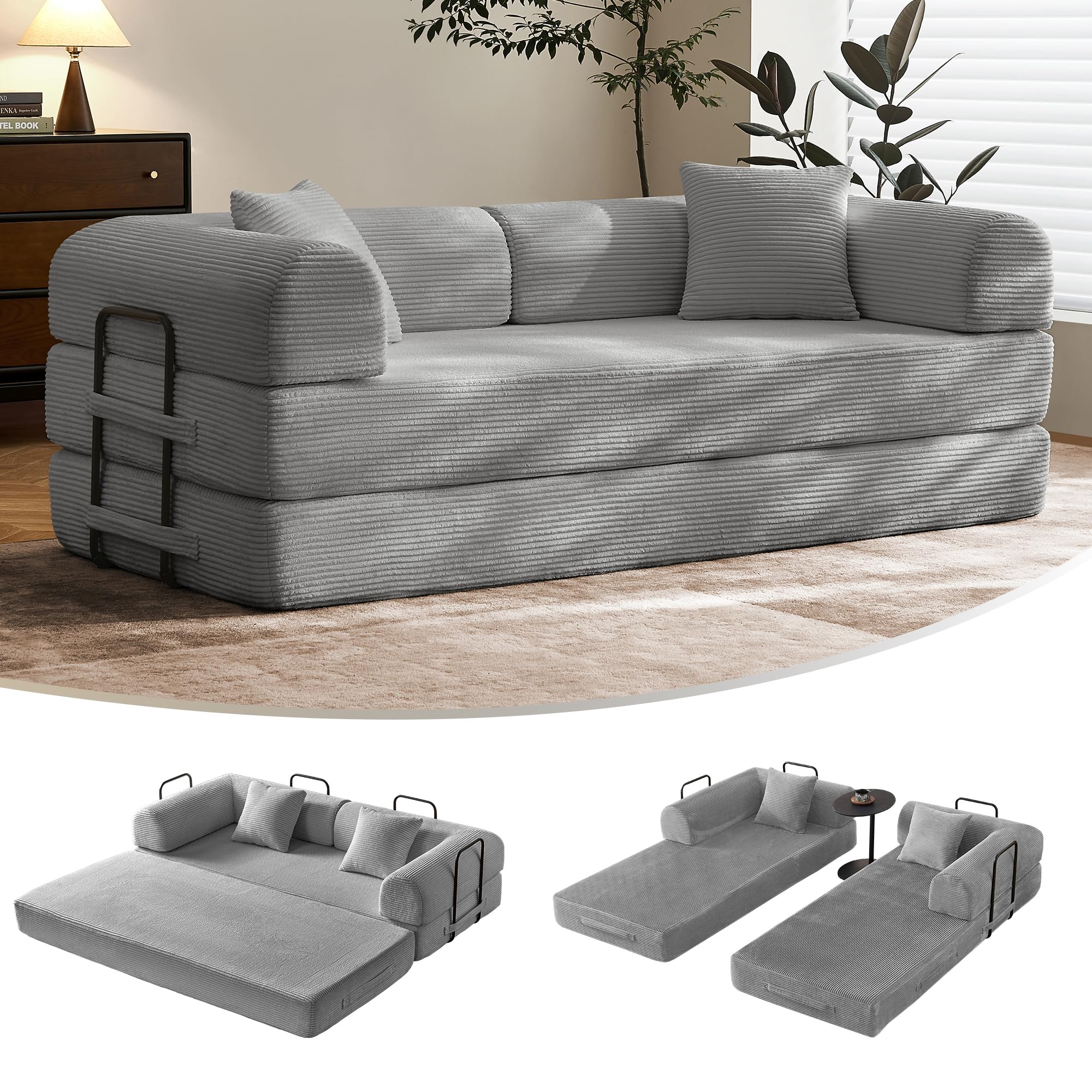 79" Convertible Sofa Bed with Fixed-Shape Frame & Removable Armrests, Modular Corduroy Sleeper Sofa, Folding Mattress Couch for Small Spaces - No Assembly Needed in Green (Includes 2 Pillows)