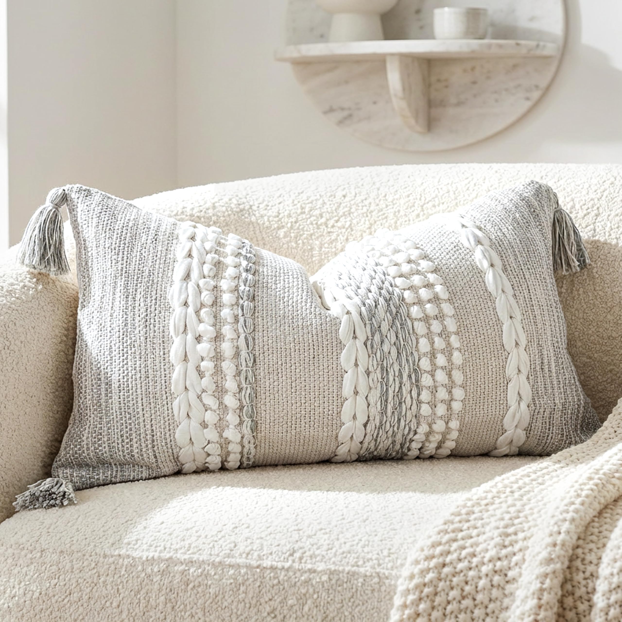 BlissBlush Cream White Boho Throw Pillow Cover 20X20, Boho Woven Textured Pillow Cover, Neutral Pillow Cover, Sofa Couch Bed Farmhouse Lumbar Pillow (Cover ONLY)