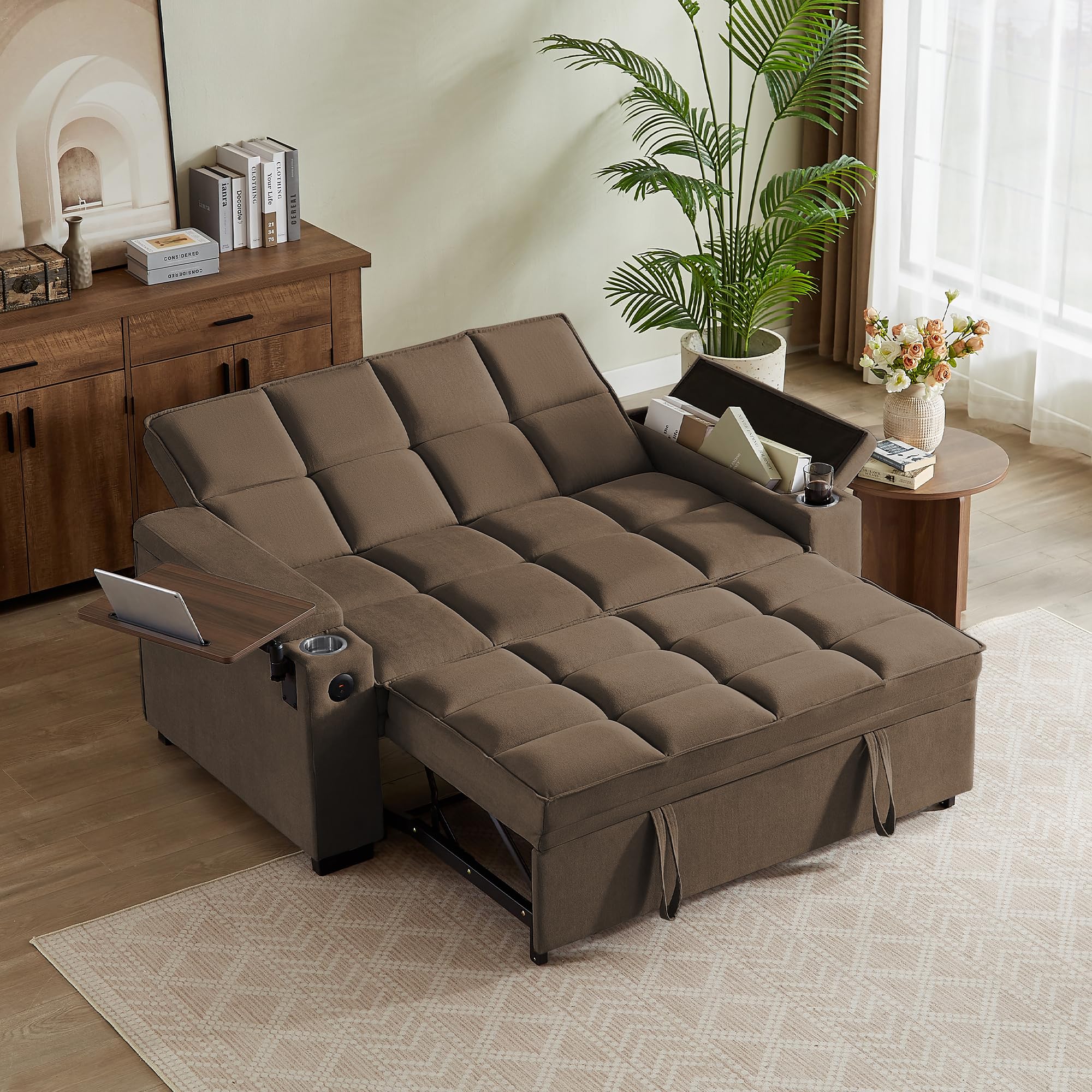 hansones 65'' 3-in-1 Folding Convertible Sofa Bed, Pullout Sofa, Modern Chenille Fabric, 360° Swivel Side Table, Easy Assembly, Perfect for Living Room, Black