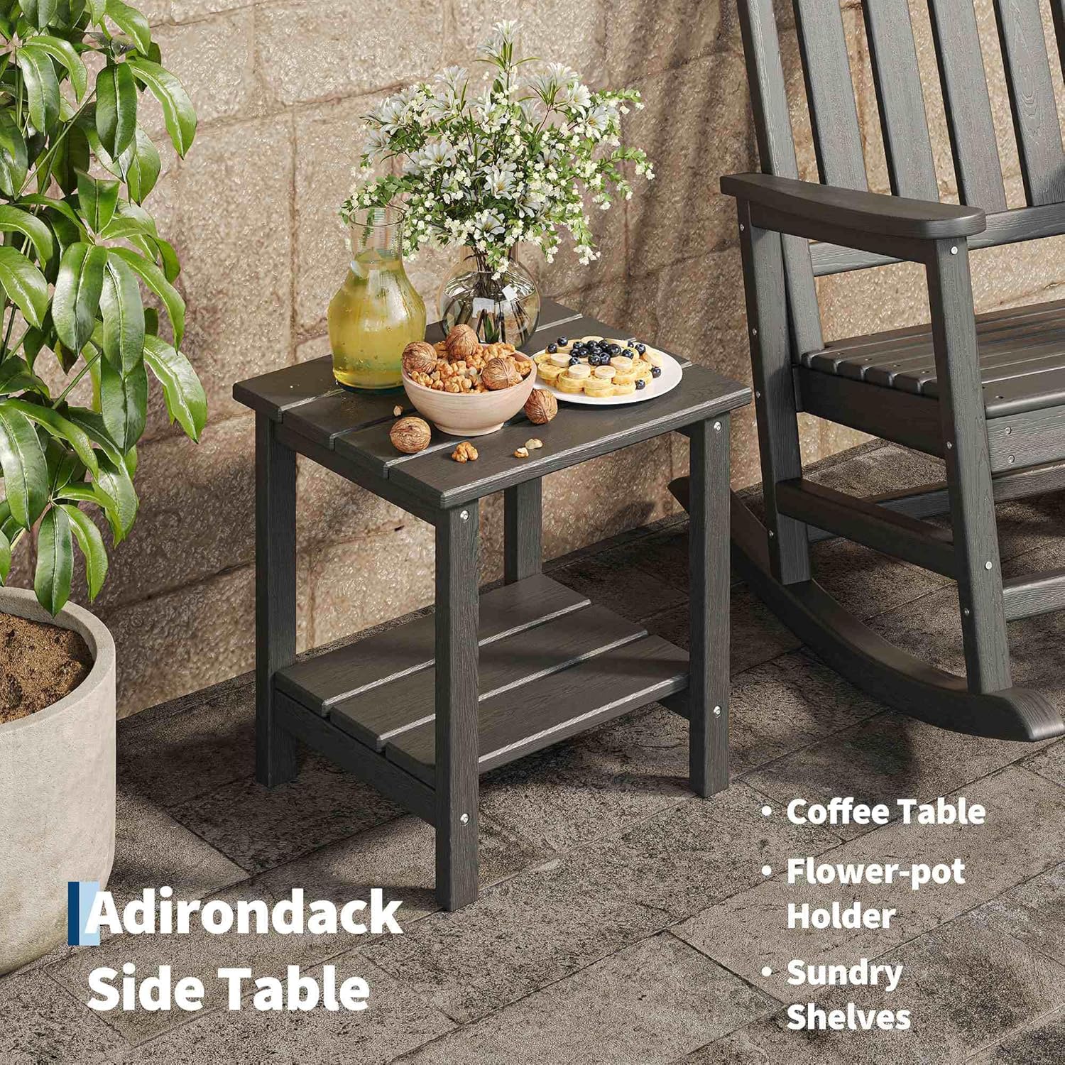 Black Garvee 2-Pack HDPE High Back Outdoor Rocking Chairs with Side Table All Weather Patio Porch Furniture