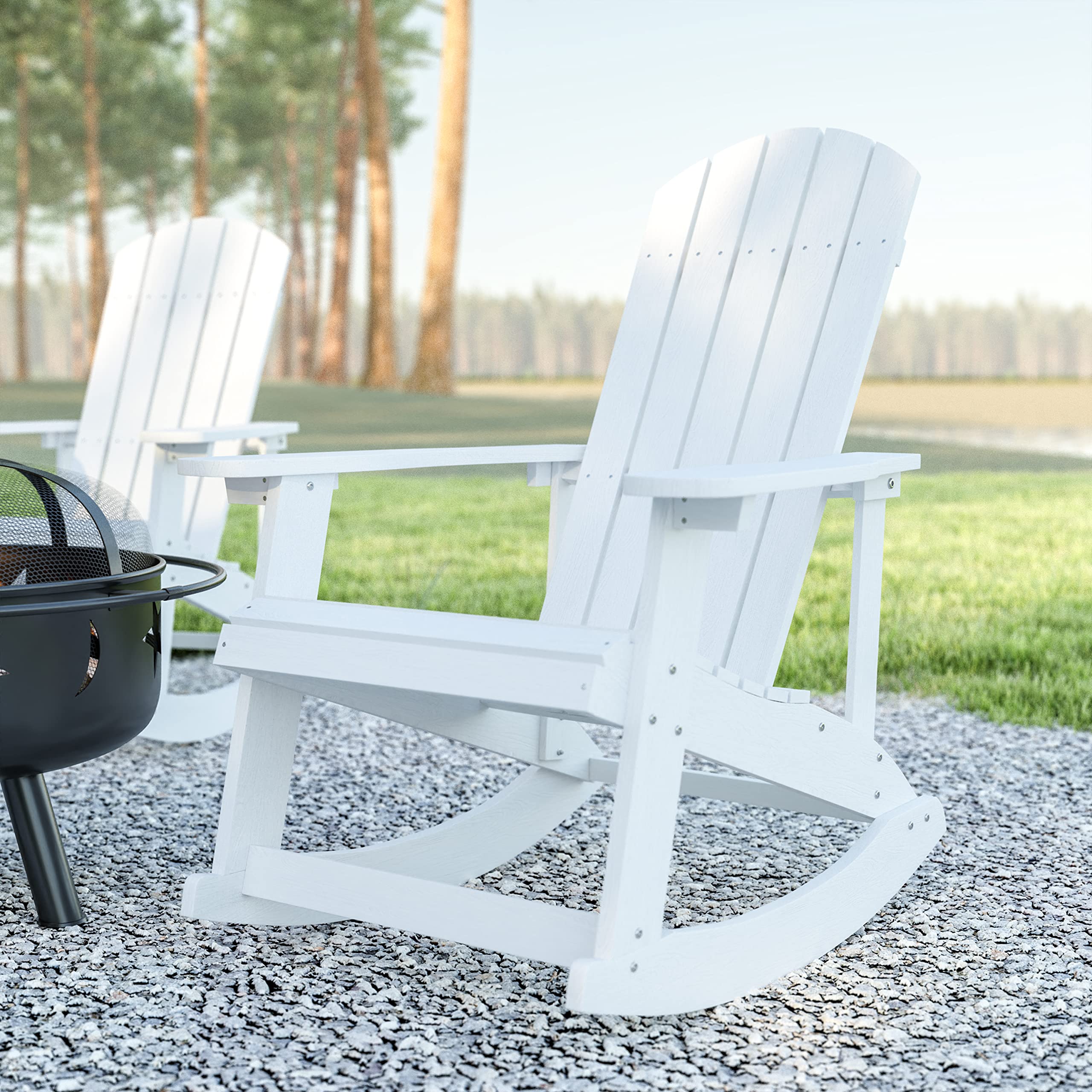 EMMA + OLIVER Savannah Poly Resin Wood Adirondack Rocking Chair - All Weather Yellow Polystyrene - Stainless Steel Hardware