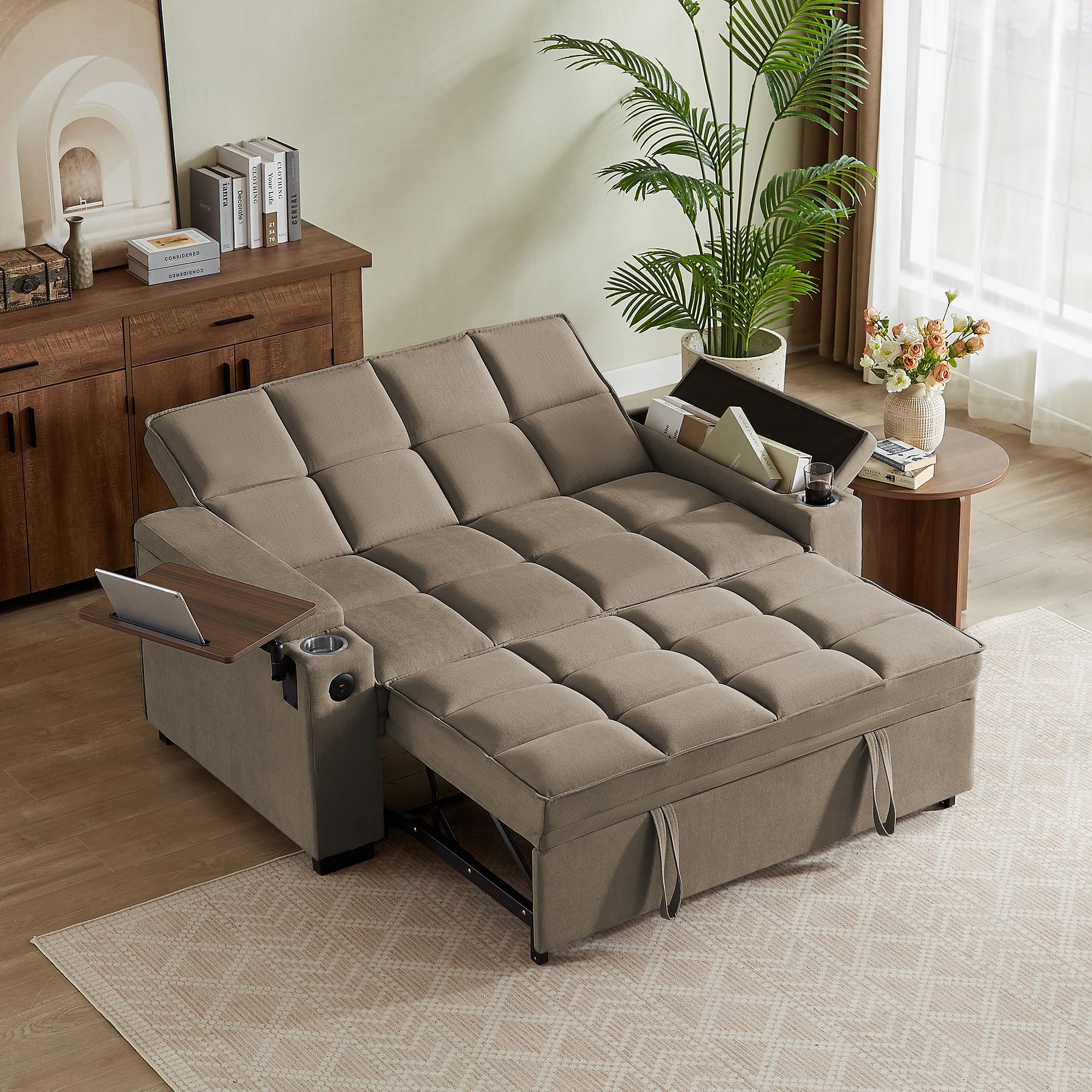 hansones 65'' 3-in-1 Folding Convertible Sofa Bed, Pullout Sofa, Modern Chenille Fabric, 360° Swivel Side Table, Easy Assembly, Perfect for Living Room, Black