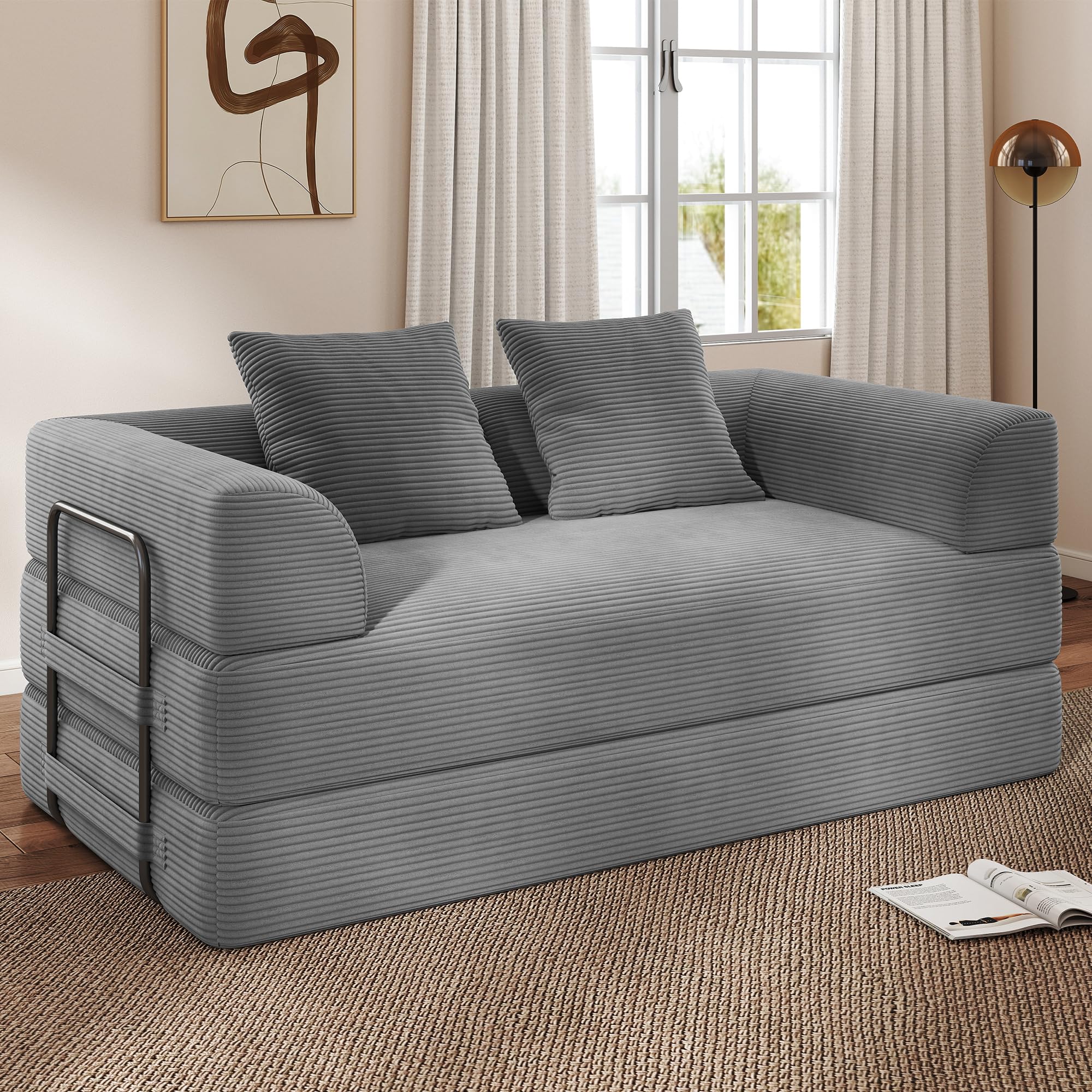 Cloud Boneless Couch Futon Sofa Bed, 5-in-1 Convertible Sofa Bed Pull Out Couch Sleeper Sofa Compressed Loveseat, 70" High-Density Sponge & Corduroy Fabric Futon Daybed for Living Room Bedroom (Gray) | 5-in-1 Convertible