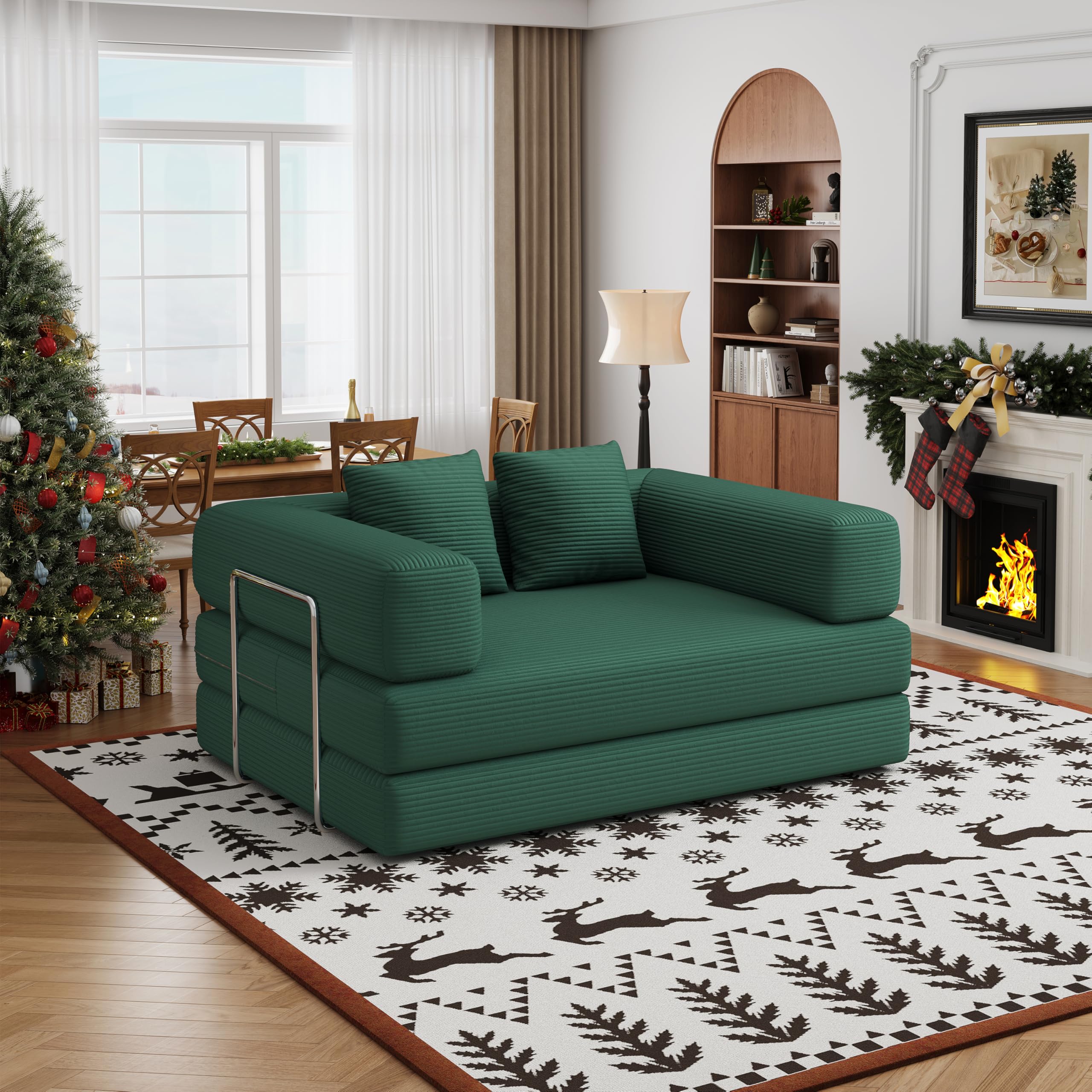 59" 2-Seat Beige Teddy Fabric 4-in-1 Foldable Queen Size Foam Compressed Convertible Sofa Bed