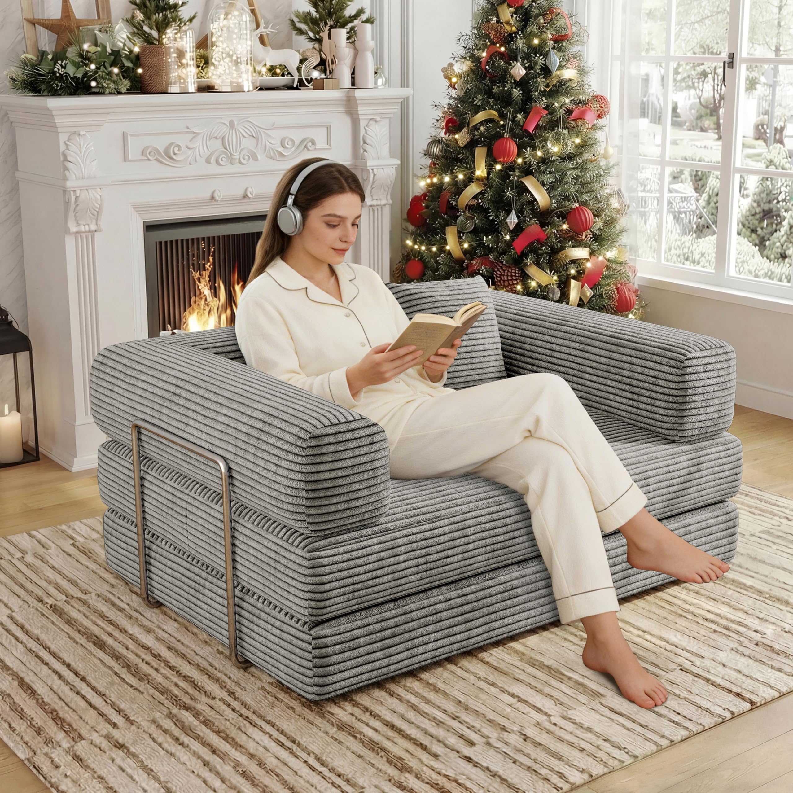 59" 2-Seat Beige Teddy Fabric 4-in-1 Foldable Queen Size Foam Compressed Convertible Sofa Bed
