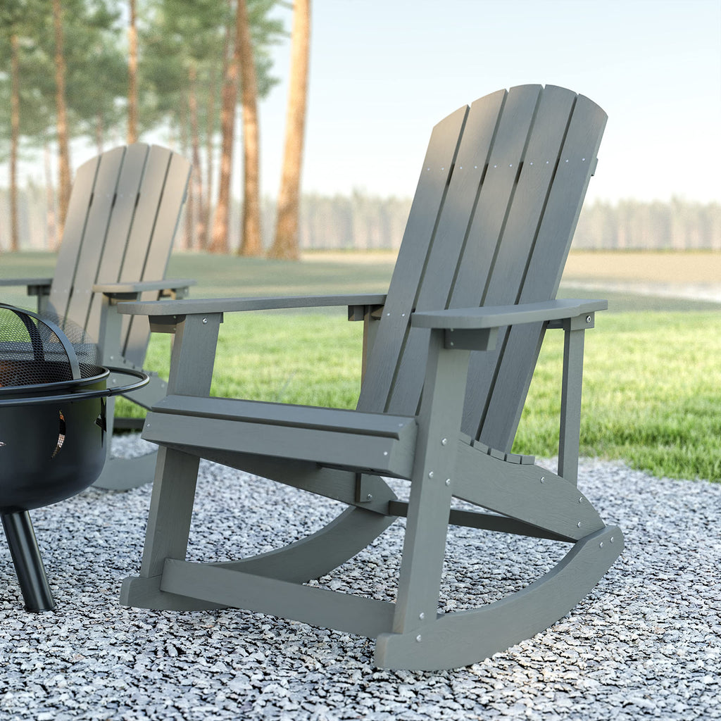 EMMA + OLIVER Savannah Poly Resin Wood Adirondack Rocking Chair - All Weather Yellow Polystyrene - Stainless Steel Hardware