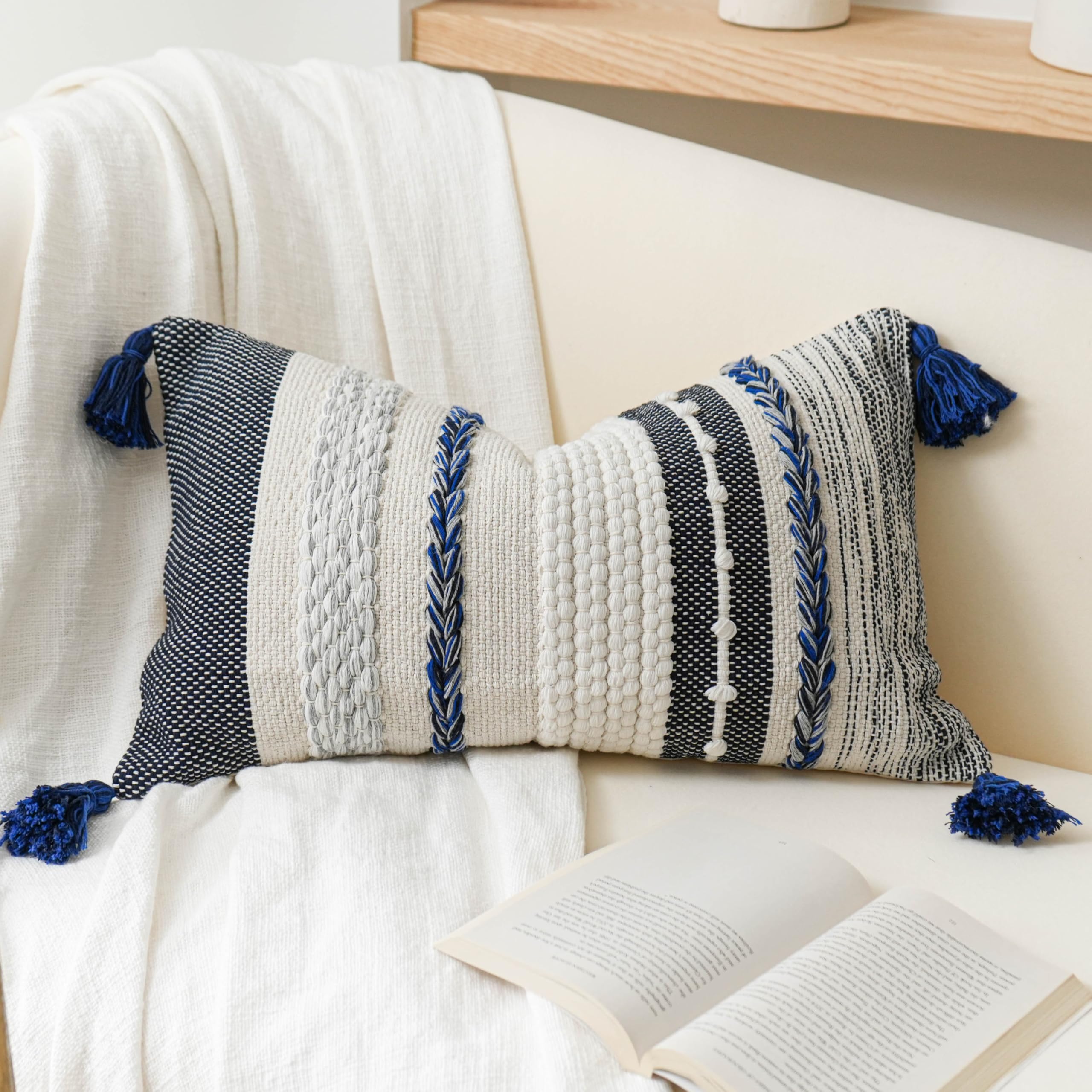 BlissBlush Coastal Blue Boho Decorative Throw Pillow Cover 18x18 Modern Bohemian Accent Pillow Case Square Woven Textured Farmhouse Pillows for Couch Bed (Pack of 1)