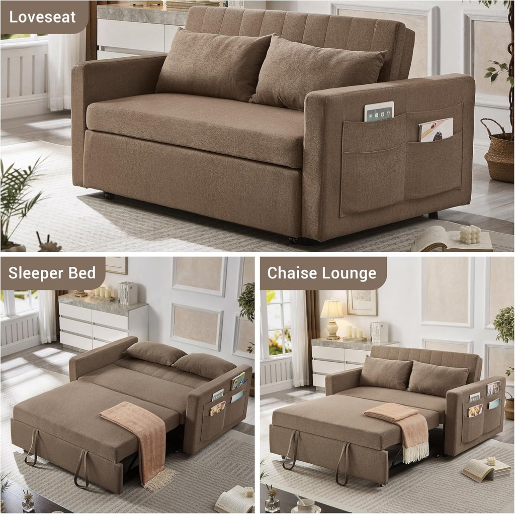 55.5" Fabric Convertible Sofa Bed, Pull Out Sleeper Sofa Bed, Loveseat Couch with Side Pocket, 3 in 1 Convertible Sleeper Sofa Bed for Living Room, Apartment, Bedroom, RV, Brown