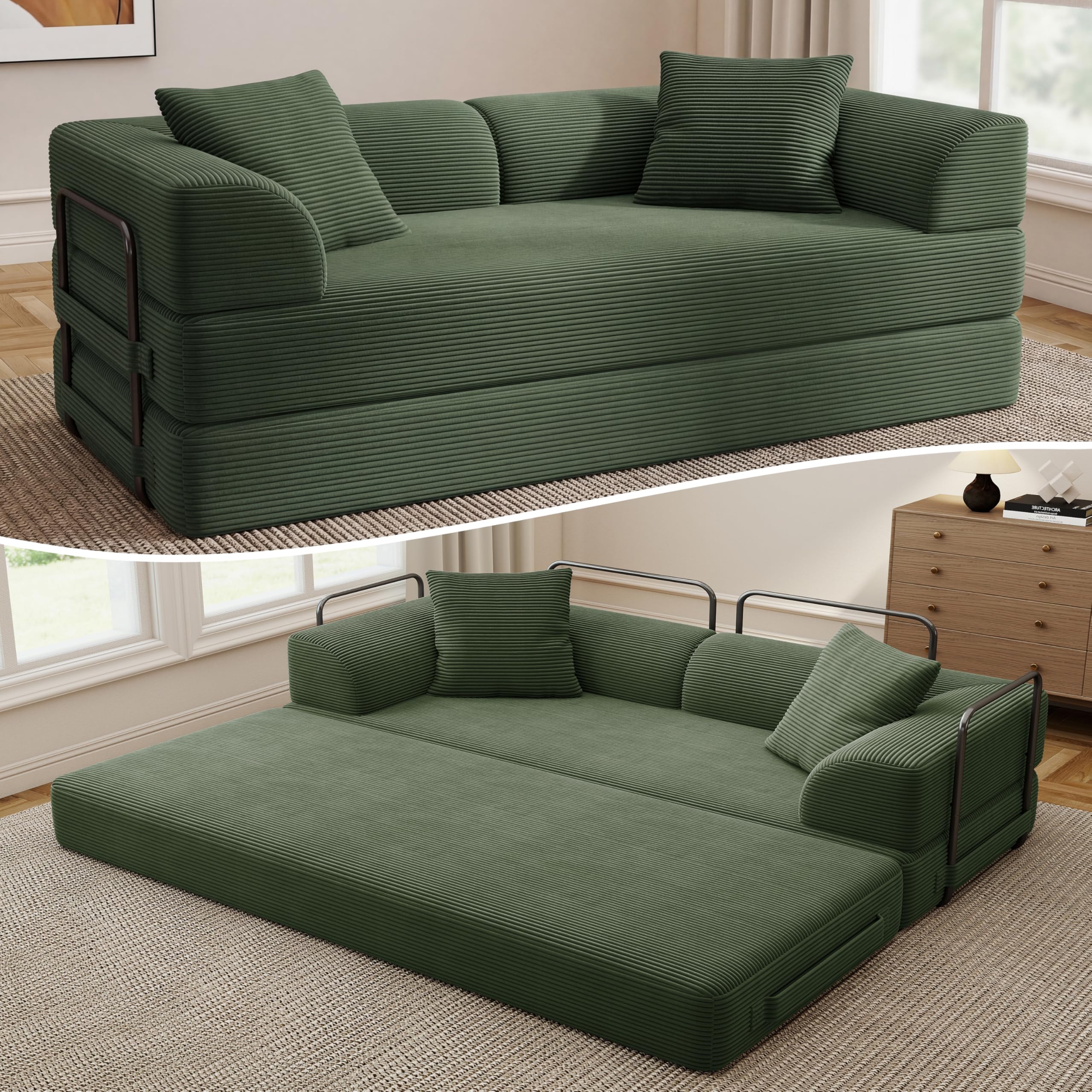 Cloud Boneless Couch Futon Sofa Bed, 5-in-1 Convertible Sofa Bed Pull Out Couch Sleeper Sofa Compressed Loveseat, 70" High-Density Sponge & Corduroy Fabric Futon Daybed for Living Room Bedroom (Gray) | 5-in-1 Convertible