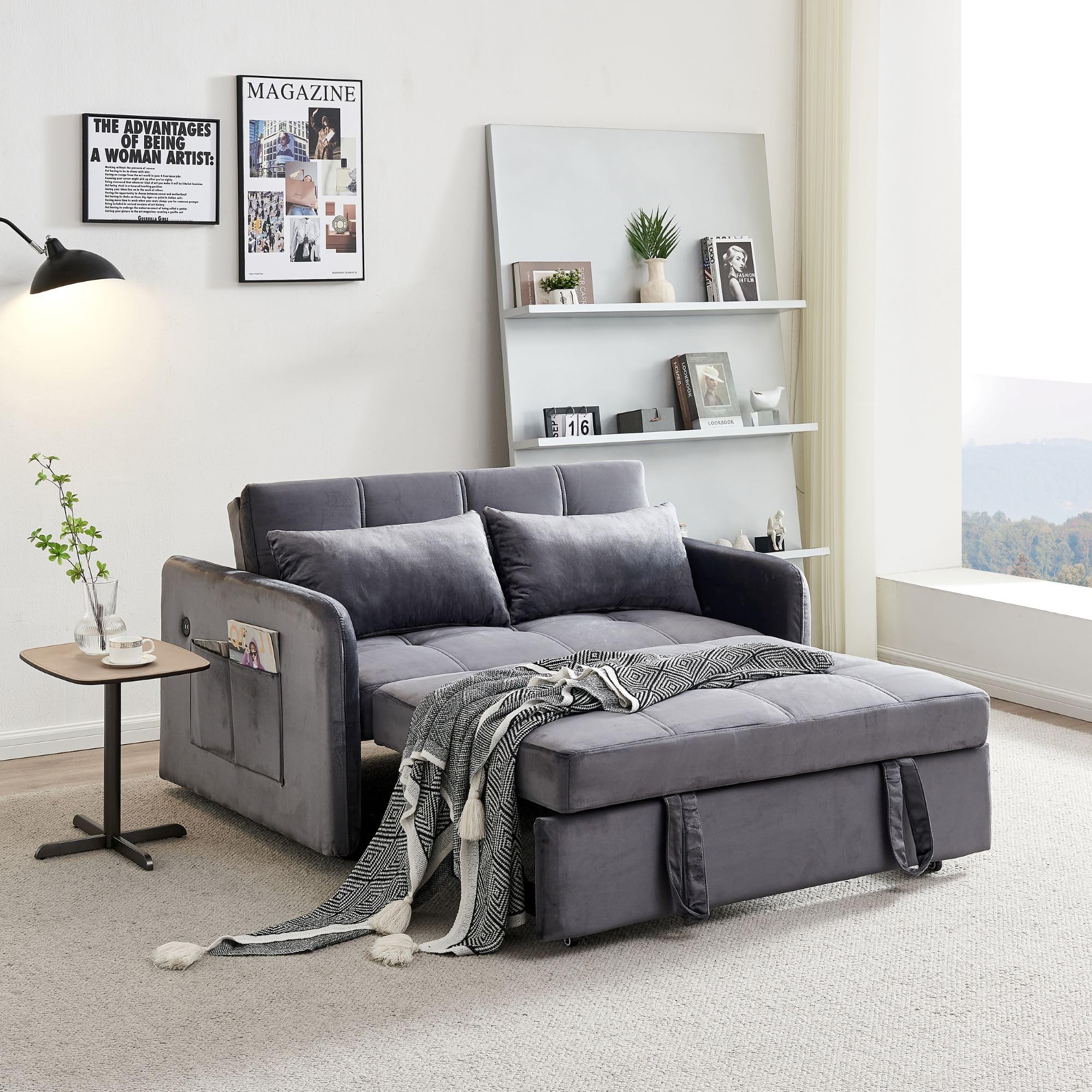 55.5" Fabric Convertible Sofa Bed, Pull Out Sleeper Sofa Bed, Loveseat Couch with Side Pocket, 3 in 1 Convertible Sleeper Sofa Bed for Living Room, Apartment, Bedroom, RV, Brown