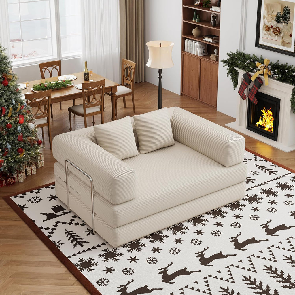 BSHOMGI 4 in 1 Futon Sofa Bed Queen Size - Foldable Convertible Sleeper Sofa Couch, Removable Washable Corduroy Cover, Space Saving Floor for Living Room (Beige, 53.15" Double Sofa)