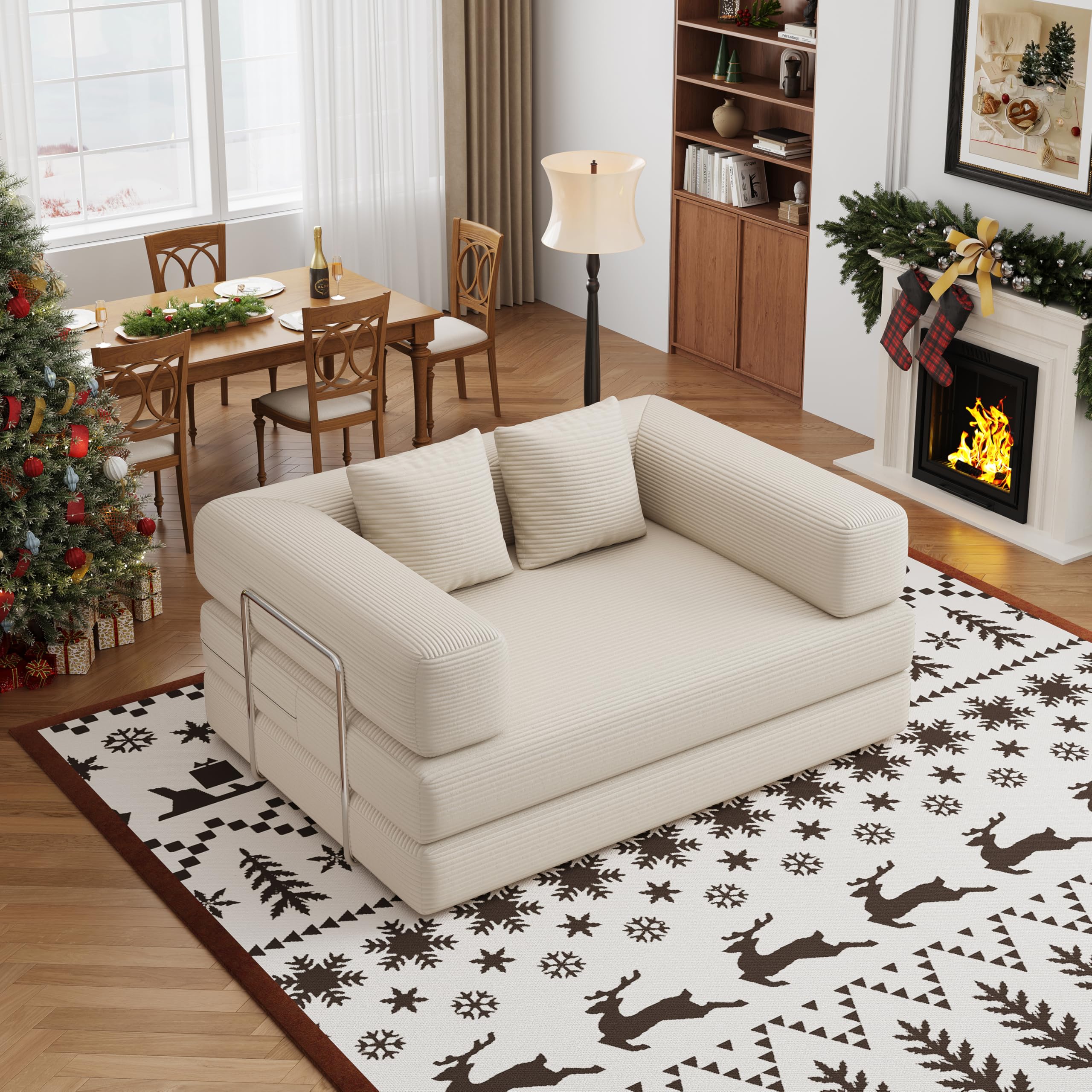 BSHOMGI 4 in 1 Futon Sofa Bed Queen Size - Foldable Convertible Sleeper Sofa Couch, Removable Washable Corduroy Cover, Space Saving Floor for Living Room (Beige, 53.15" Double Sofa)