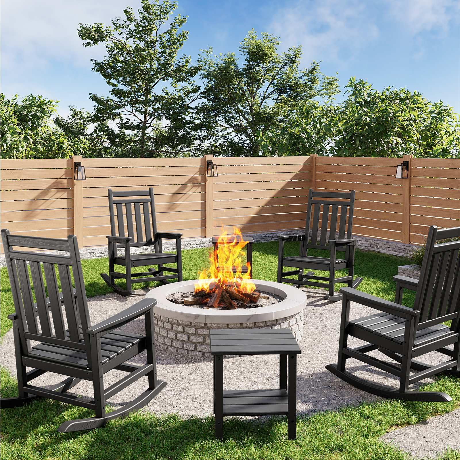 Black Garvee 2-Pack HDPE High Back Outdoor Rocking Chairs with Side Table All Weather Patio Porch Furniture