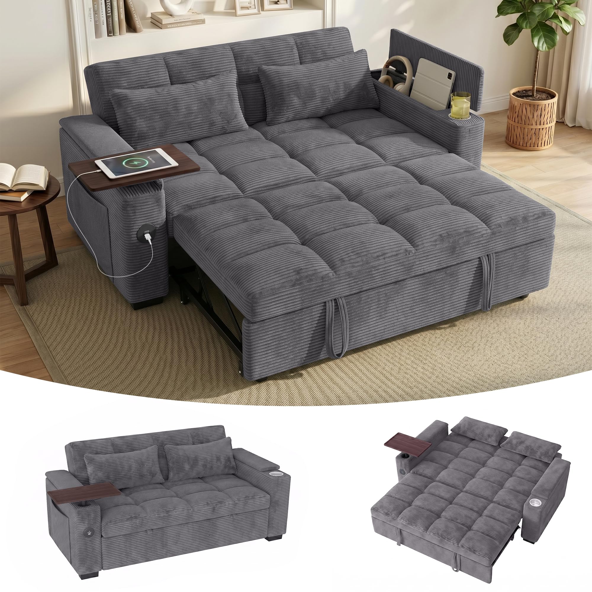 68'' Sleeper Sofa Bed, Pull Out Couch with 360° Swivel Side Table | USB Port | Adjustable Backrest | Cup Holder | Chenille Fabric Loveseat for Living Room, Apartment, Office (Black)