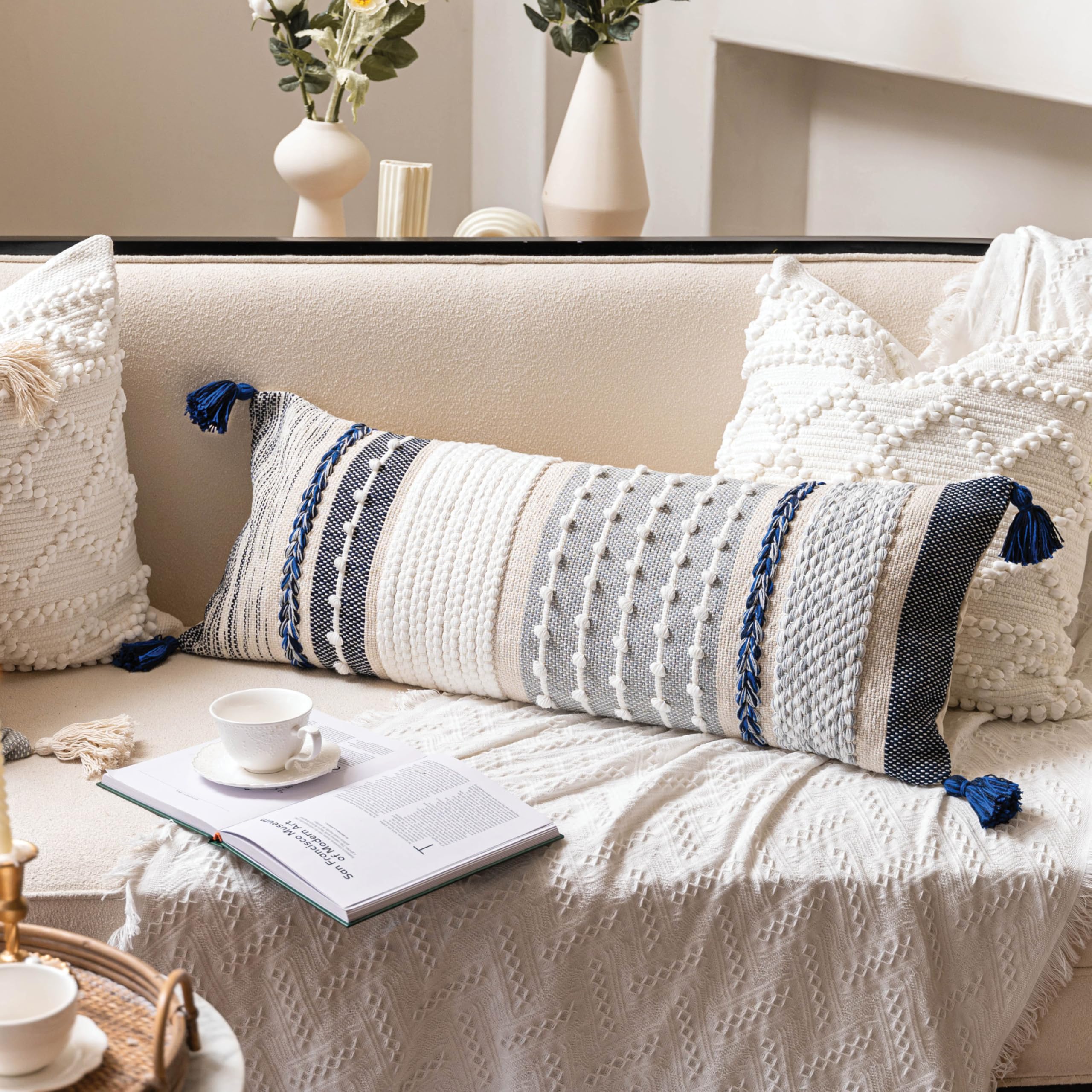 BlissBlush Coastal Blue Boho Decorative Throw Pillow Cover 18x18 Modern Bohemian Accent Pillow Case Square Woven Textured Farmhouse Pillows for Couch Bed (Pack of 1)