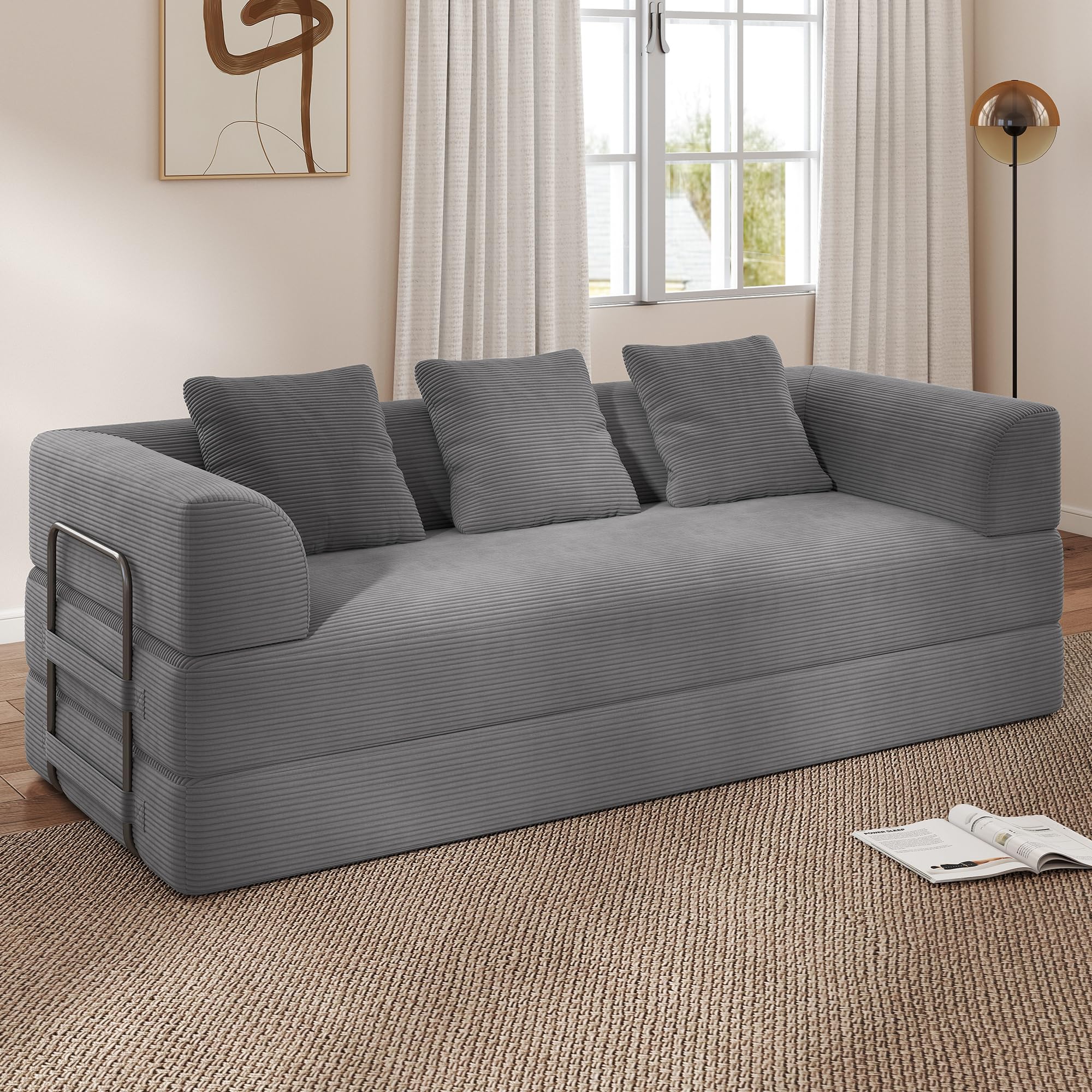 Cloud Boneless Couch Futon Sofa Bed, 5-in-1 Convertible Sofa Bed Pull Out Couch Sleeper Sofa Compressed Loveseat, 70" High-Density Sponge & Corduroy Fabric Futon Daybed for Living Room Bedroom (Gray) | 5-in-1 Convertible