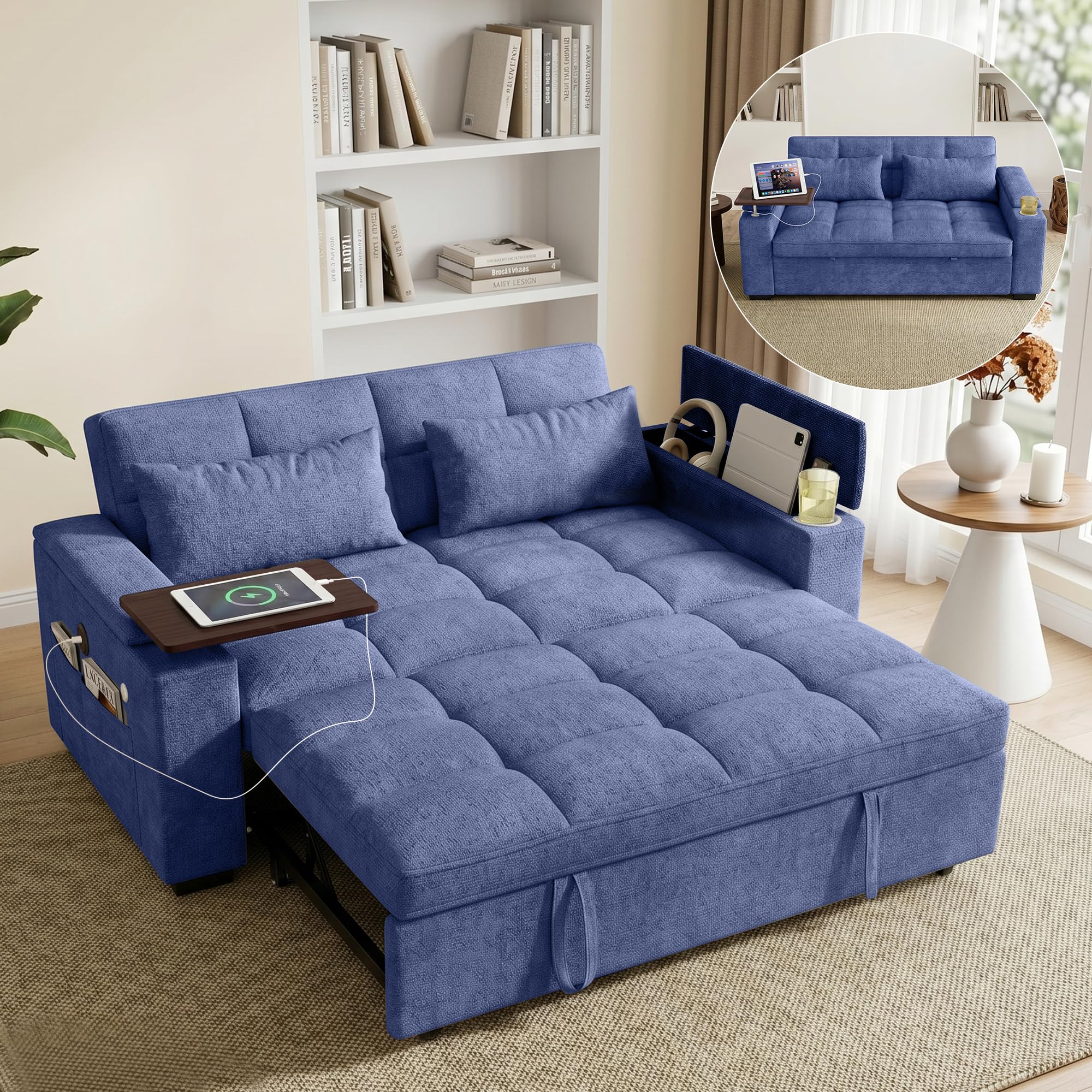 68'' Sleeper Sofa Bed, Pull Out Couch with 360° Swivel Side Table | USB Port | Adjustable Backrest | Cup Holder | Chenille Fabric Loveseat for Living Room, Apartment, Office (Black)
