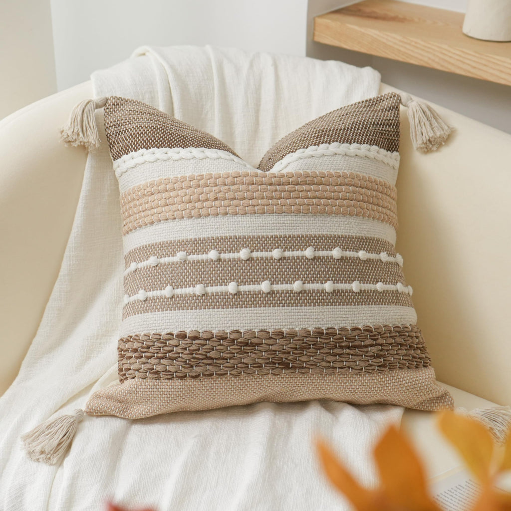 BlissBlush Coastal Blue Boho Decorative Throw Pillow Cover 18x18 Modern Bohemian Accent Pillow Case Square Woven Textured Farmhouse Pillows for Couch Bed (Pack of 1)