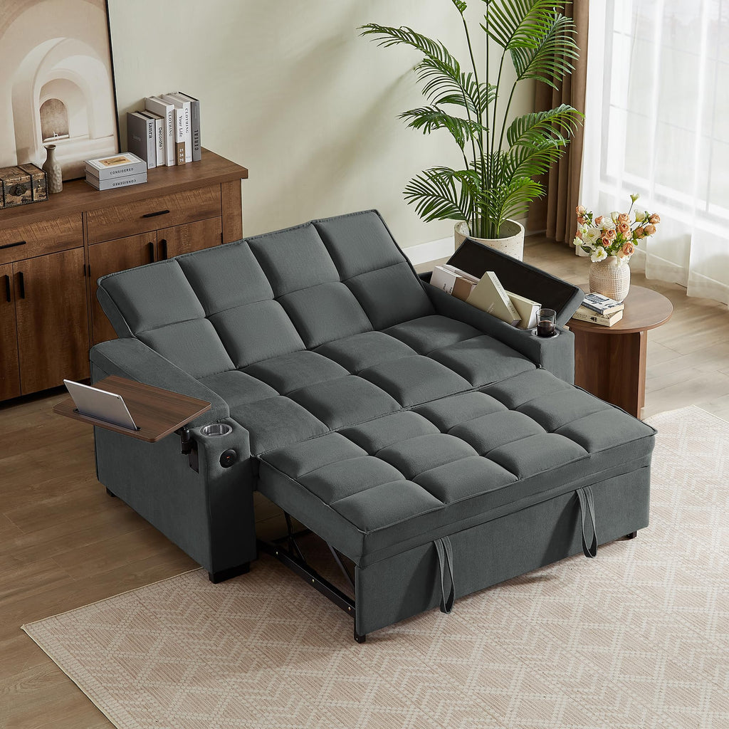 hansones 65'' 3-in-1 Folding Convertible Sofa Bed, Pullout Sofa, Modern Chenille Fabric, 360° Swivel Side Table, Easy Assembly, Perfect for Living Room, Black