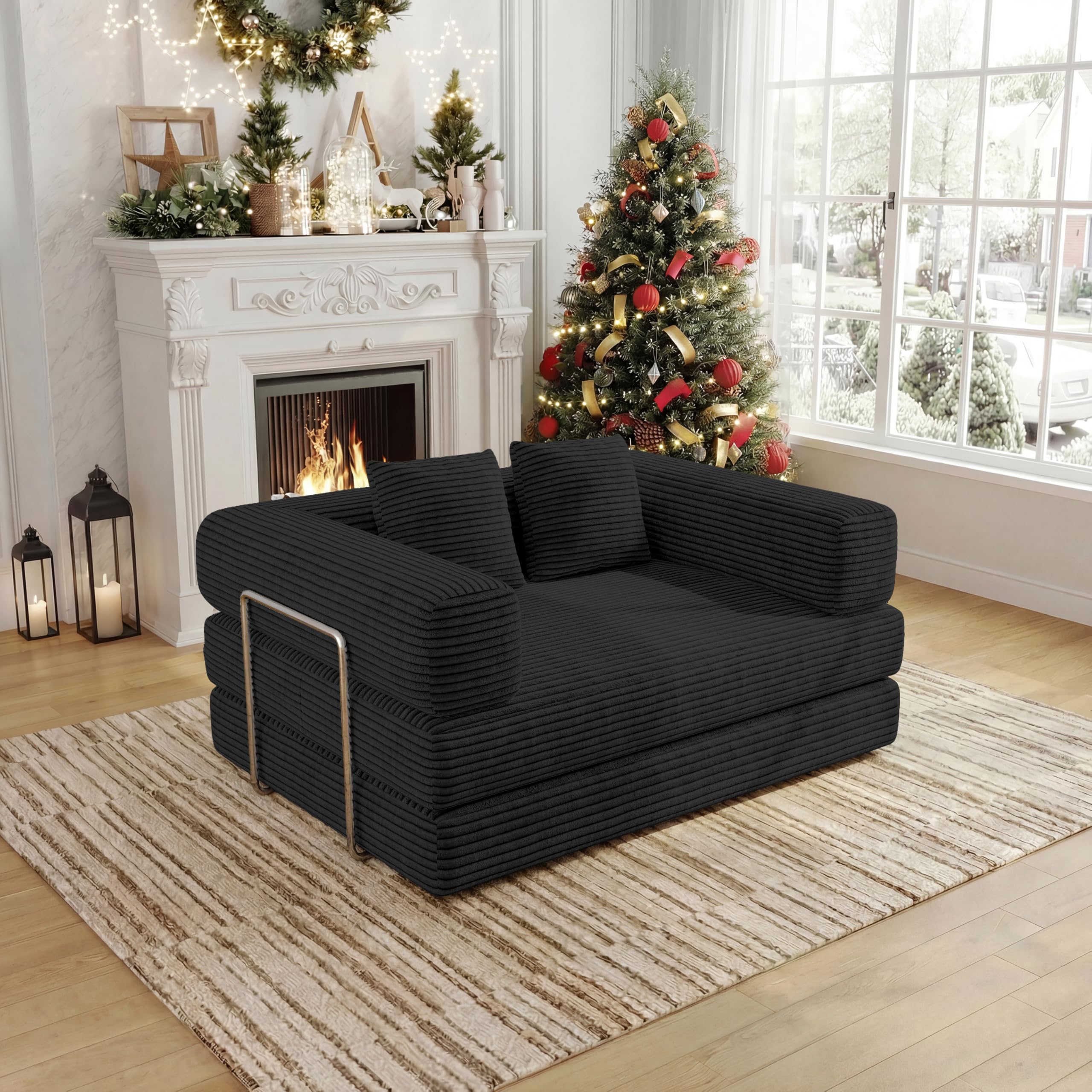 59" 2-Seat Beige Teddy Fabric 4-in-1 Foldable Queen Size Foam Compressed Convertible Sofa Bed