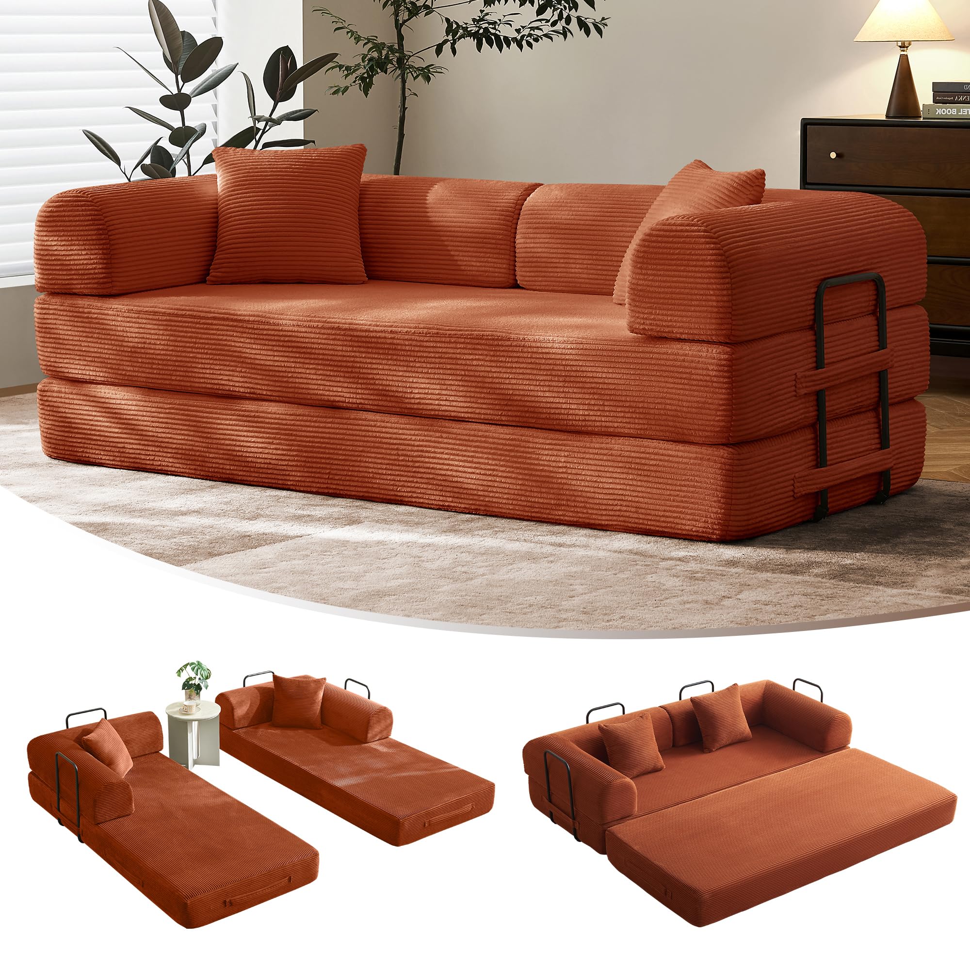79" Convertible Sofa Bed with Fixed-Shape Frame & Removable Armrests, Modular Corduroy Sleeper Sofa, Folding Mattress Couch for Small Spaces - No Assembly Needed in Green (Includes 2 Pillows)