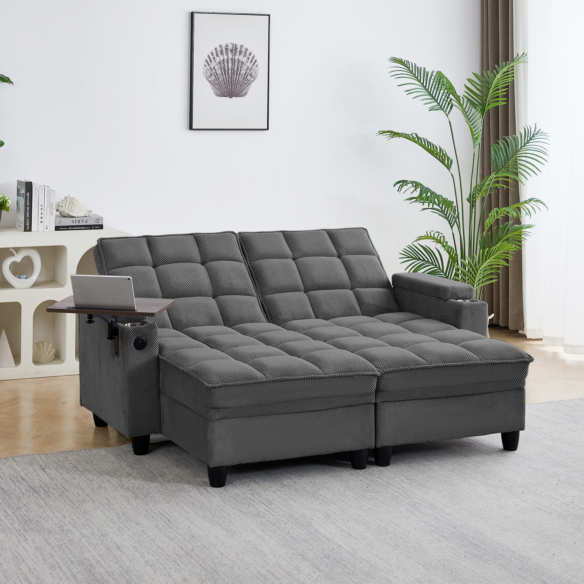hansones 65'' 3-in-1 Folding Convertible Sofa Bed, Pullout Sofa, Modern Chenille Fabric, 360° Swivel Side Table, Easy Assembly, Perfect for Living Room, Black