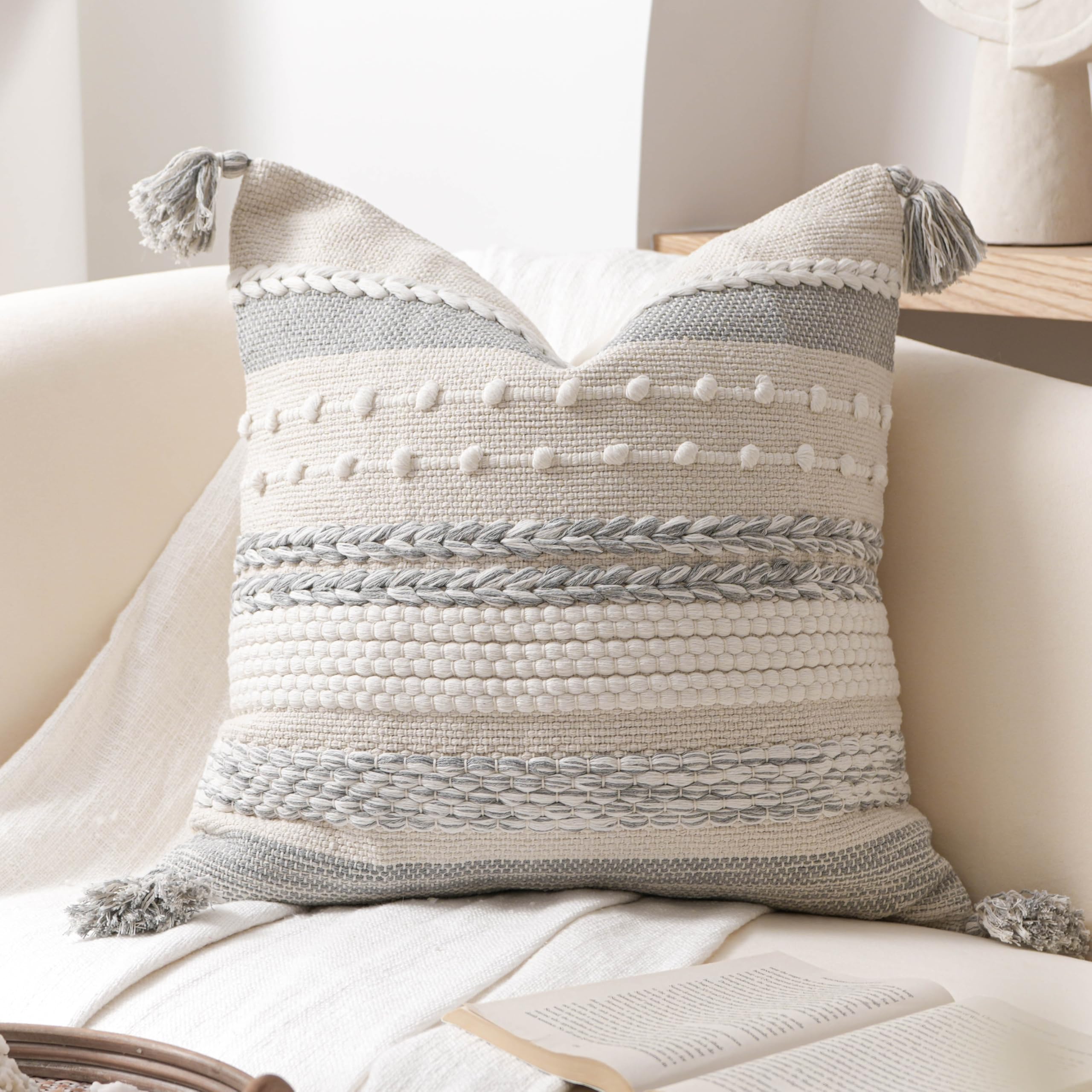 BlissBlush Coastal Blue Boho Decorative Throw Pillow Cover 18x18 Modern Bohemian Accent Pillow Case Square Woven Textured Farmhouse Pillows for Couch Bed (Pack of 1)