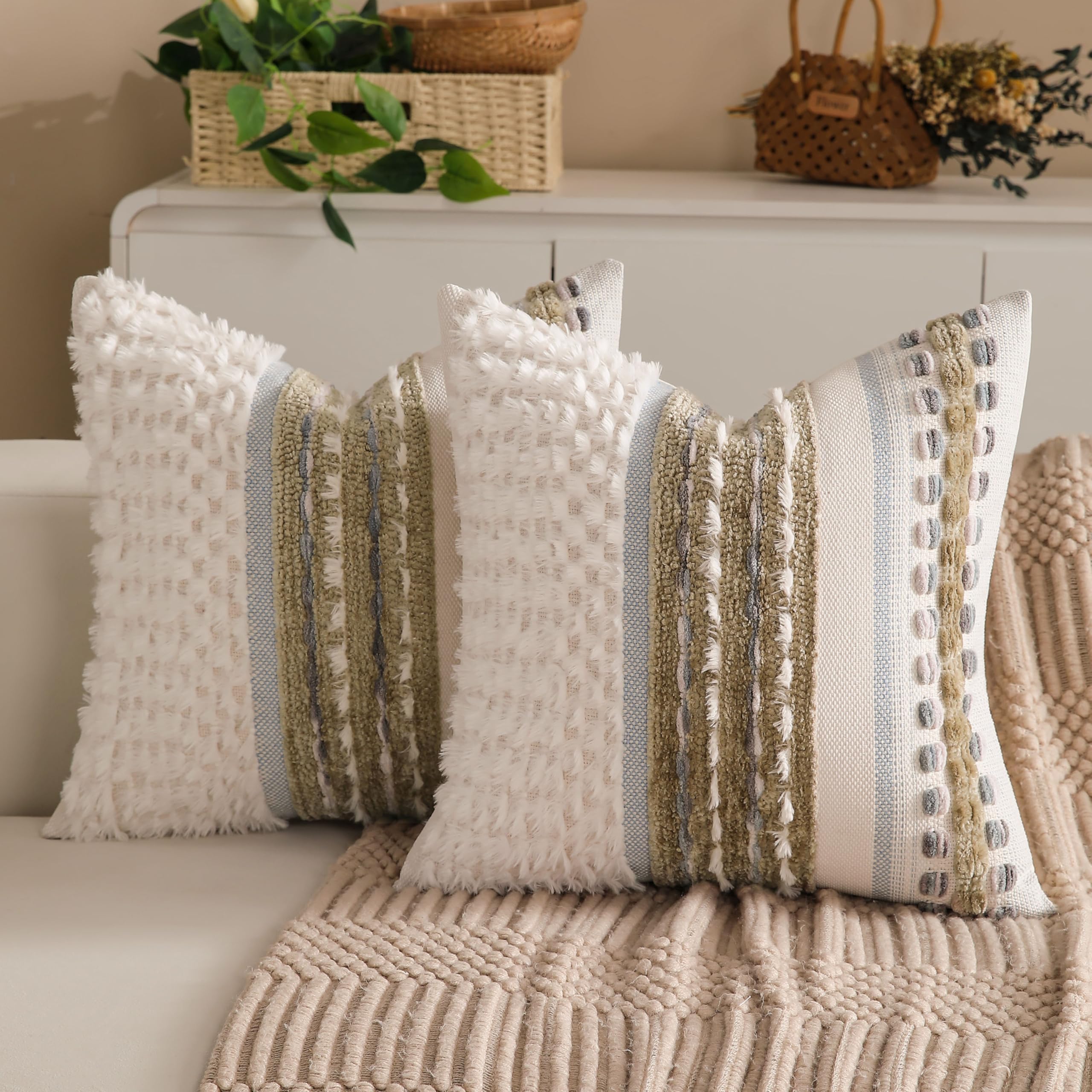 Boho Chenille Tufted Couch Throw Pillow Covers 18x18 Inch Set of 2 Farmhouse Striped Decorative Pillow Covers Accent Neutral Square Pillowcase Grey Cushion Covers for Livingroom Sofa Bed