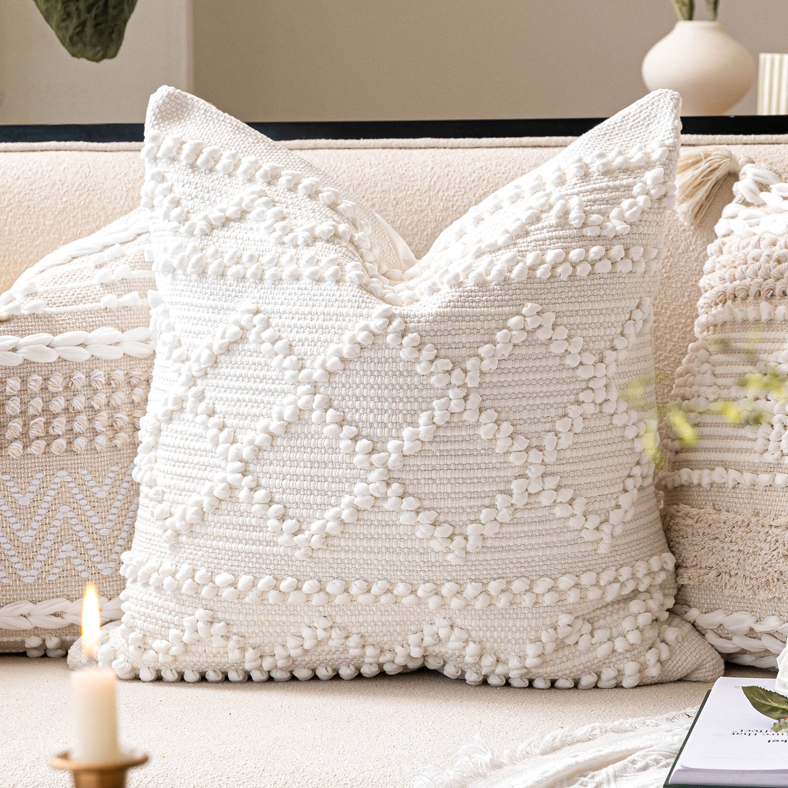 BlissBlush Cream White Boho Throw Pillow Cover 20X20, Boho Woven Textured Pillow Cover, Neutral Pillow Cover, Sofa Couch Bed Farmhouse Lumbar Pillow (Cover ONLY)