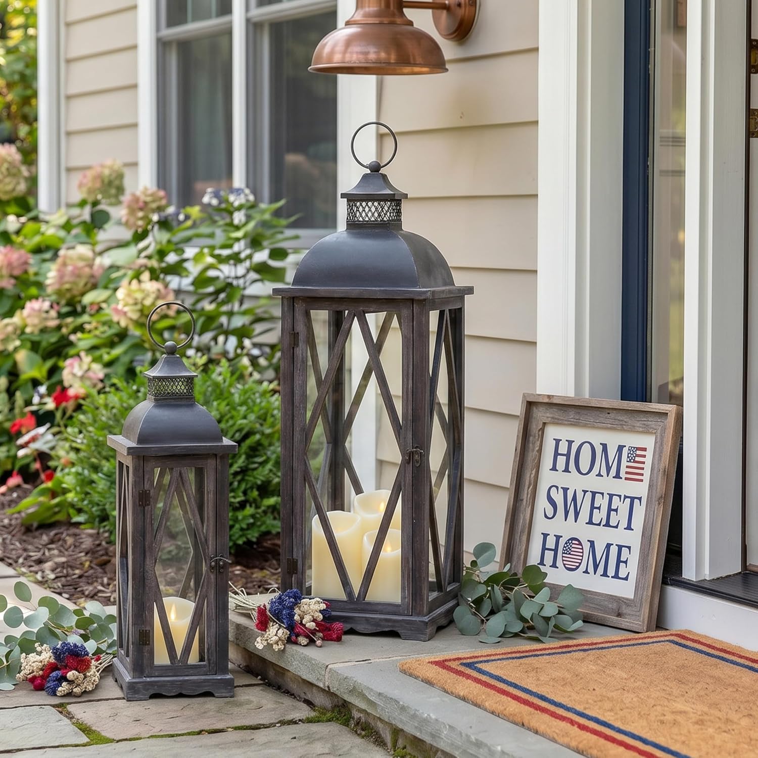 Perfnique Farmhouse Outdoor Lanterns for Patio, Set of 2 Rustic Lanterns Decor, Vintage Hanging Candle Holder Decorative for Porch, Garden, Yard, Indoor (No Glass, Dark Brown)