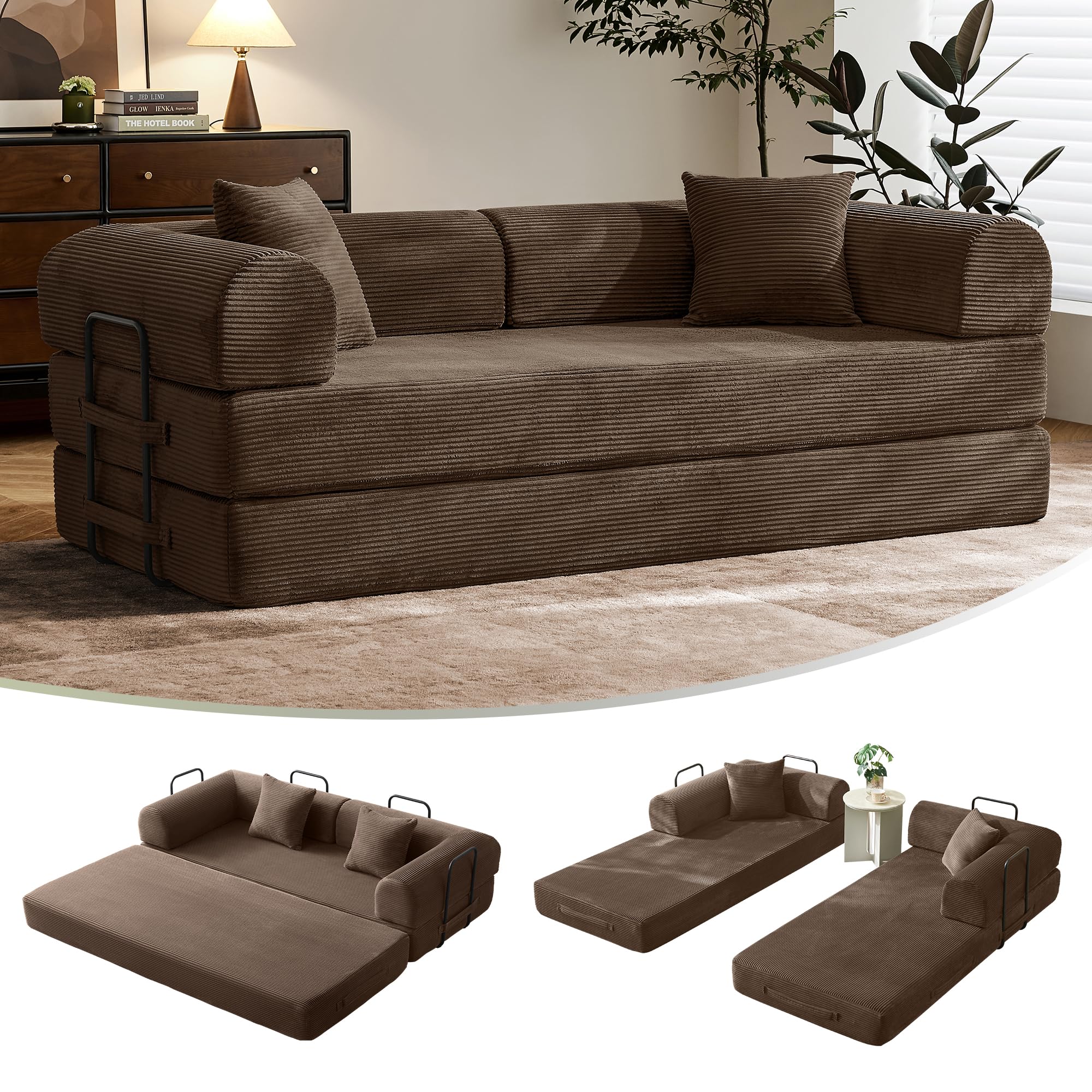 79" Convertible Sofa Bed with Fixed-Shape Frame & Removable Armrests, Modular Corduroy Sleeper Sofa, Folding Mattress Couch for Small Spaces - No Assembly Needed in Green (Includes 2 Pillows)