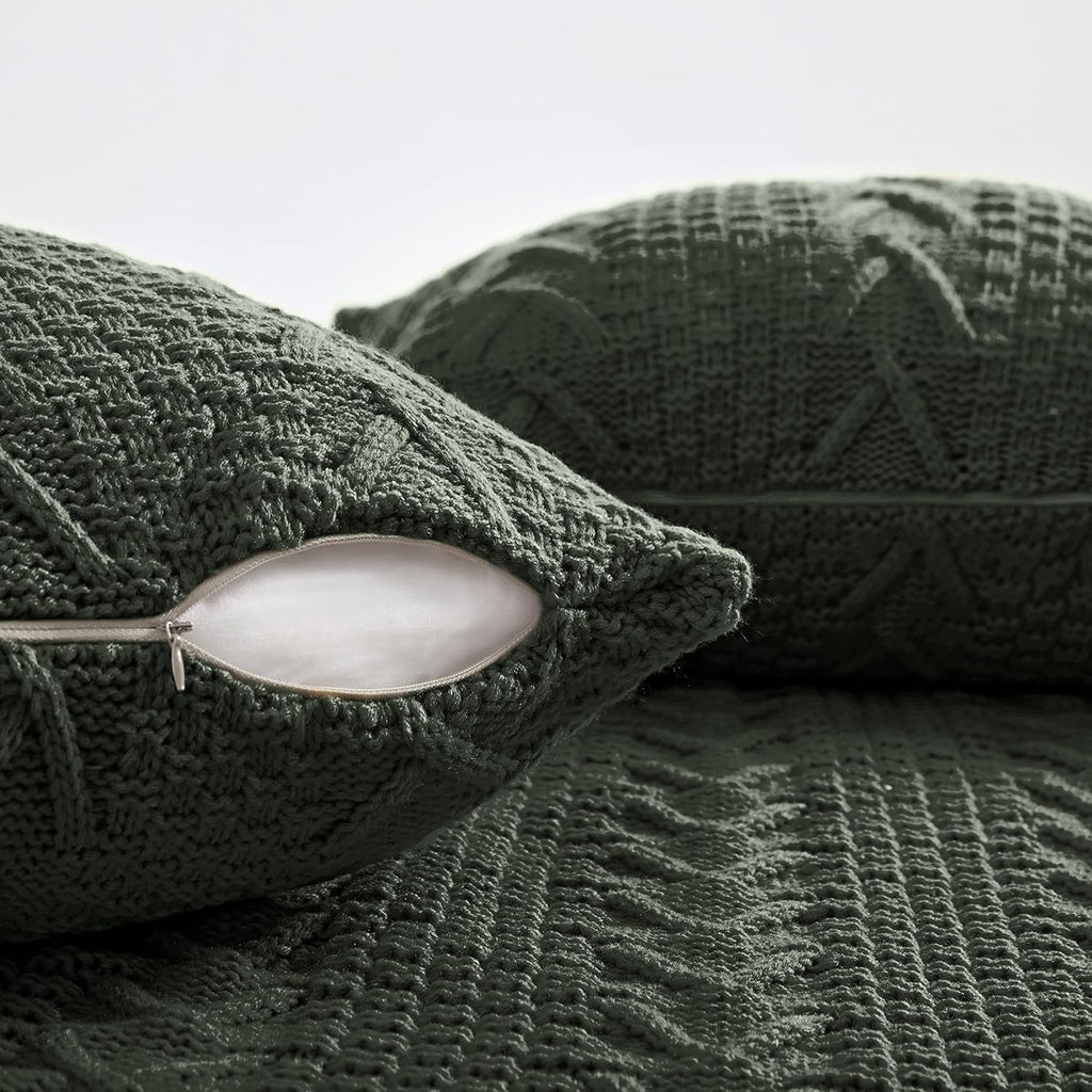 Aormenzy Knitted Throw Blanket (50" x 60") and 2 Pillow Covers (18" x 18"), 3 Piece Grayish Green Throw Blanket Set, Decorative Throw Blankets for Couch Sofa Bed Living Room