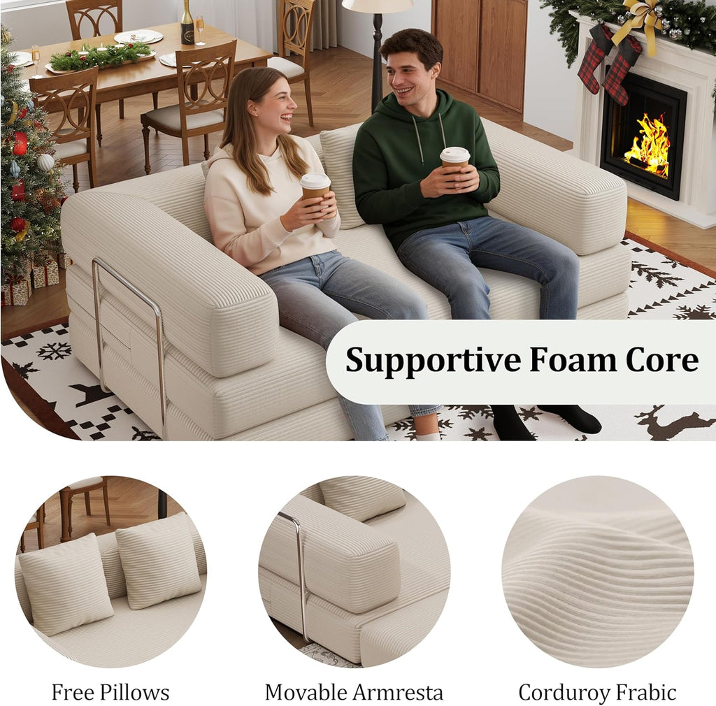 59" 2-Seat Beige Teddy Fabric 4-in-1 Foldable Queen Size Foam Compressed Convertible Sofa Bed