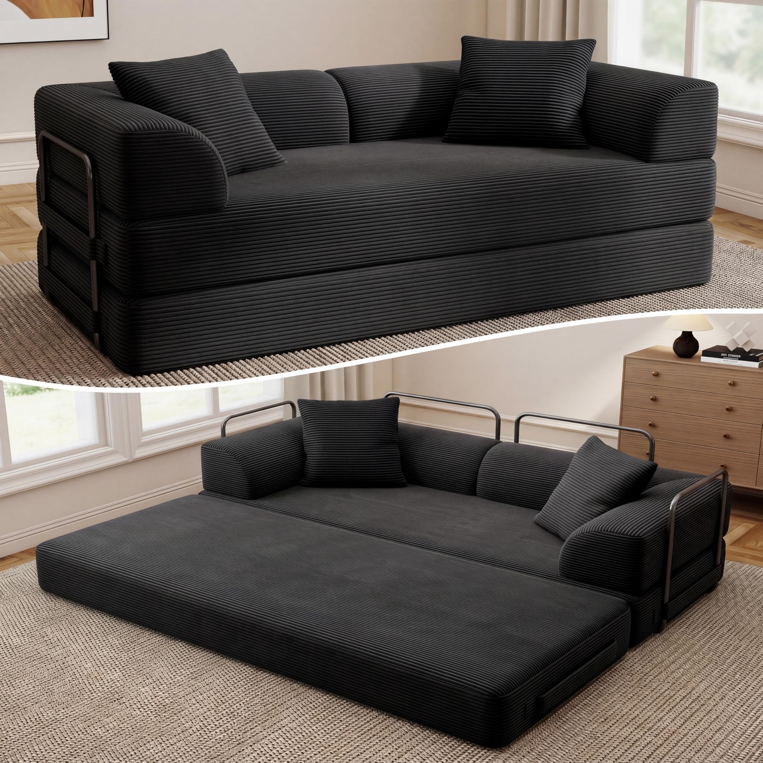Cloud Boneless Couch Futon Sofa Bed, 5-in-1 Convertible Sofa Bed Pull Out Couch Sleeper Sofa Compressed Loveseat, 70" High-Density Sponge & Corduroy Fabric Futon Daybed for Living Room Bedroom (Gray) | 5-in-1 Convertible