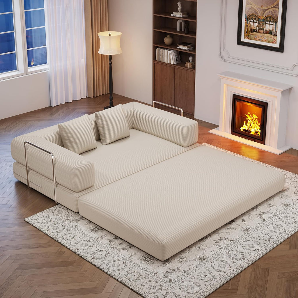 59" 2-Seat Beige Teddy Fabric 4-in-1 Foldable Queen Size Foam Compressed Convertible Sofa Bed